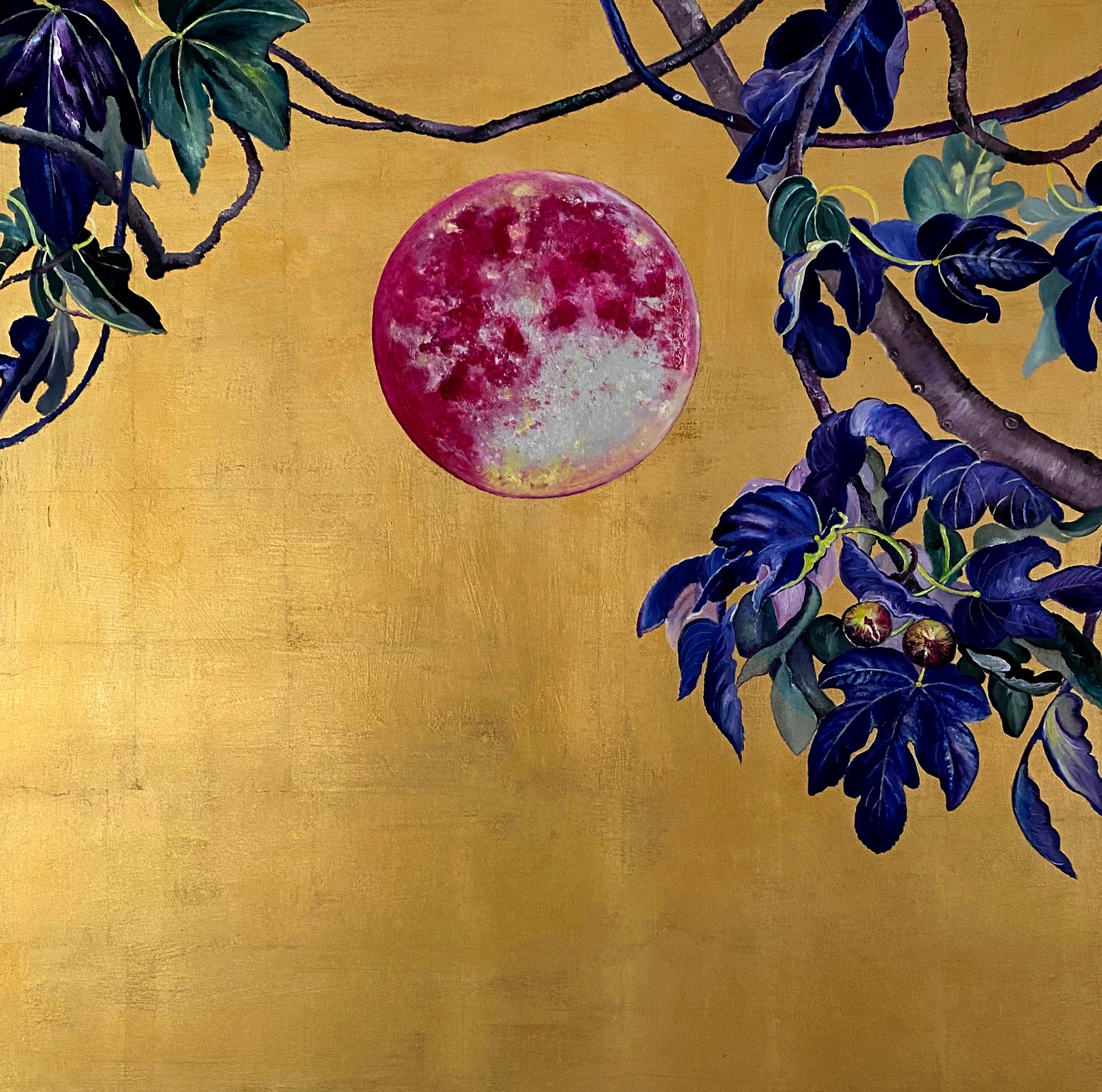 Anastasia Gklava Still-Life Painting – Fig Tree Under the Moon – Ölgemälde und Goldmalerei, abstrakte Naturlandschaft