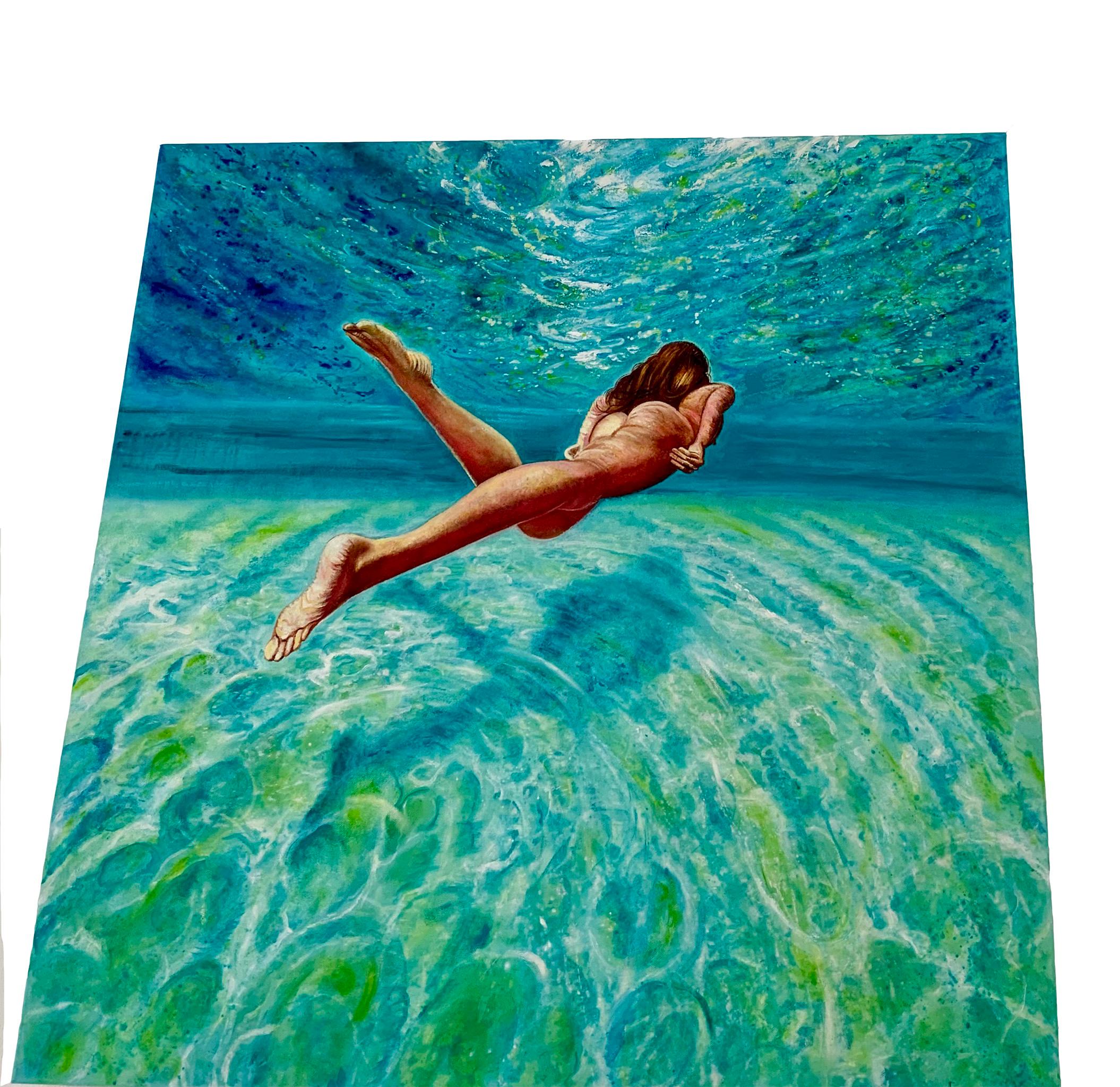 Floating Weightlessly - Oil painting of nude female swimmer, turquoise sea water - Painting by Anastasia Gklava
