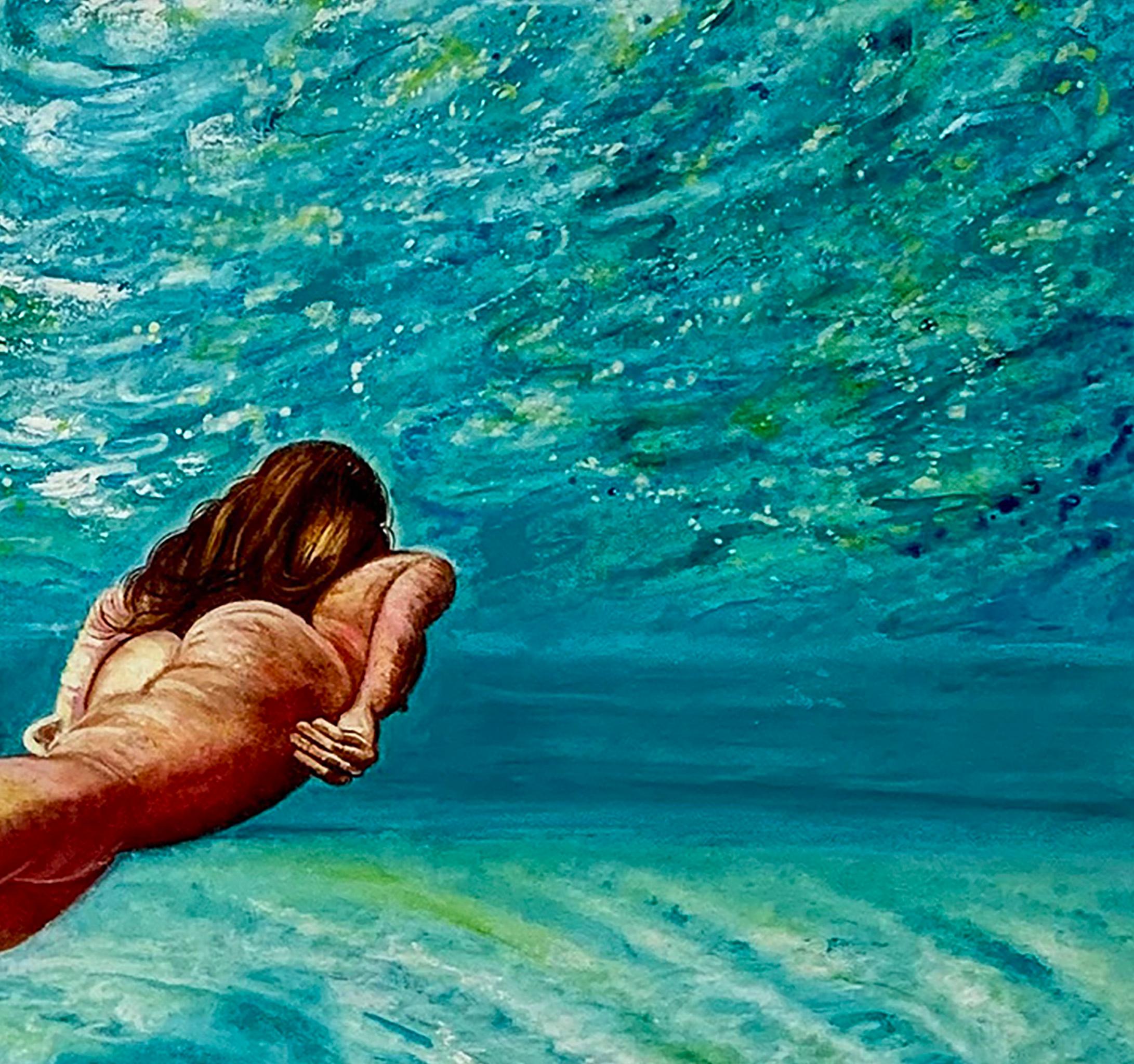 Floating Weightlessly - Oil painting of nude female swimmer, turquoise sea water - Contemporary Painting by Anastasia Gklava