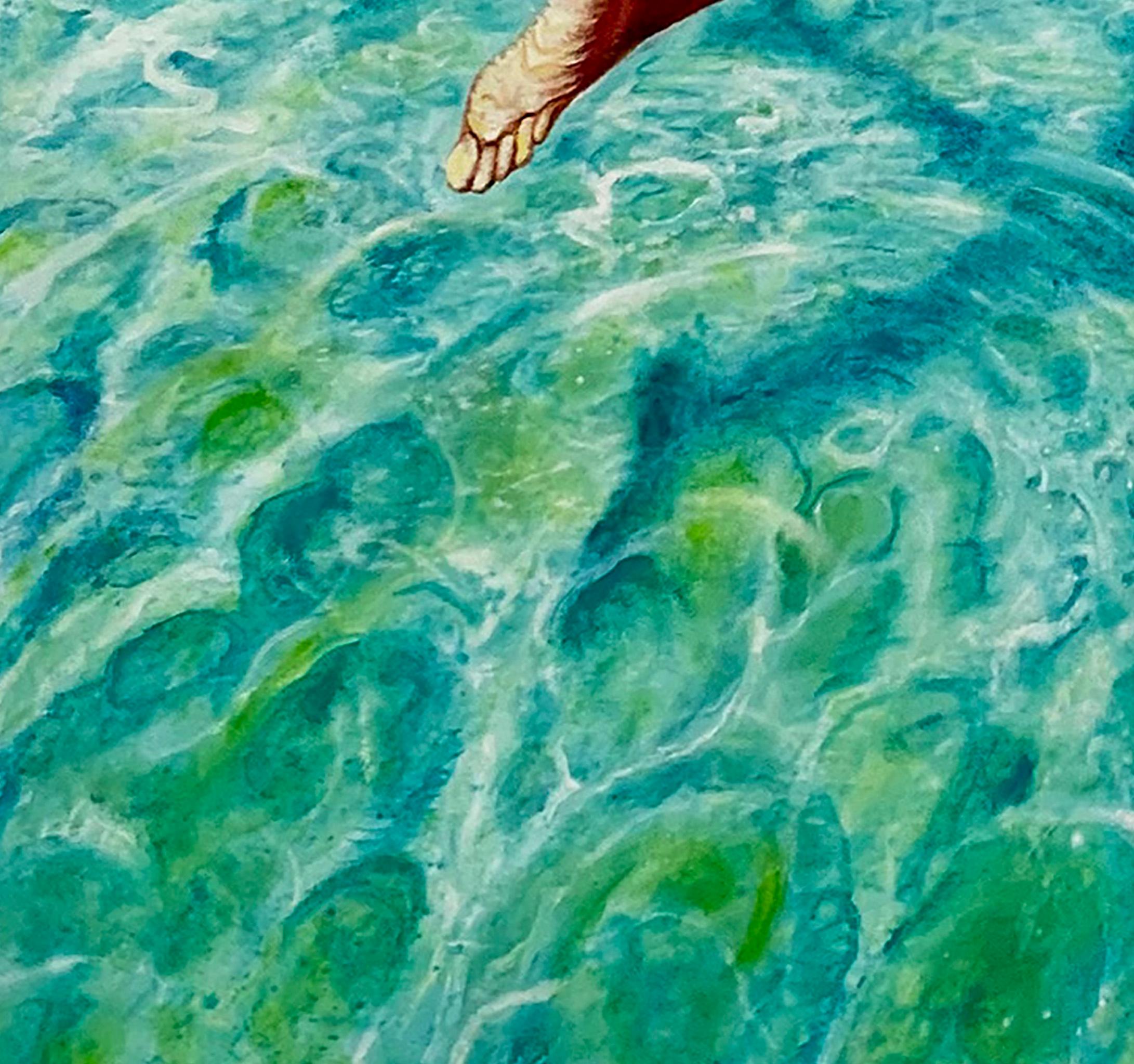 Floating Weightlessly - Oil painting of nude female swimmer, turquoise sea water - Blue Figurative Painting by Anastasia Gklava