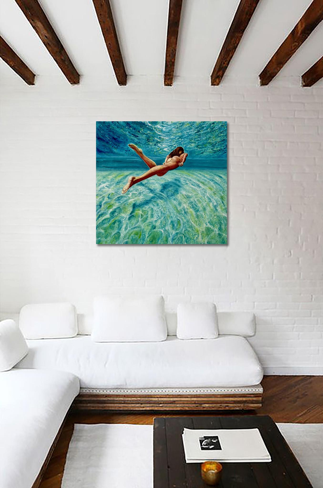Floating Weightlessly - Oil painting of nude female swimmer, turquoise sea water For Sale 1
