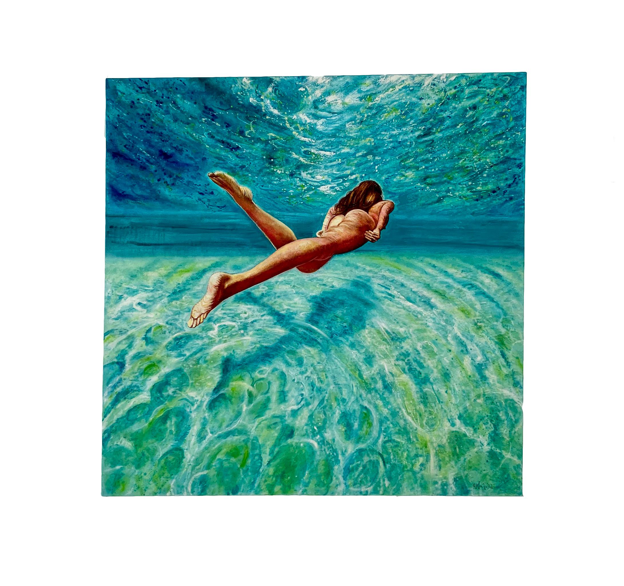 Floating Weightlessly - Oil painting of nude female swimmer, turquoise sea water