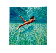 Peinture à l'huile d'une nageuse nue flottant sans effort, eau de mer turquoise