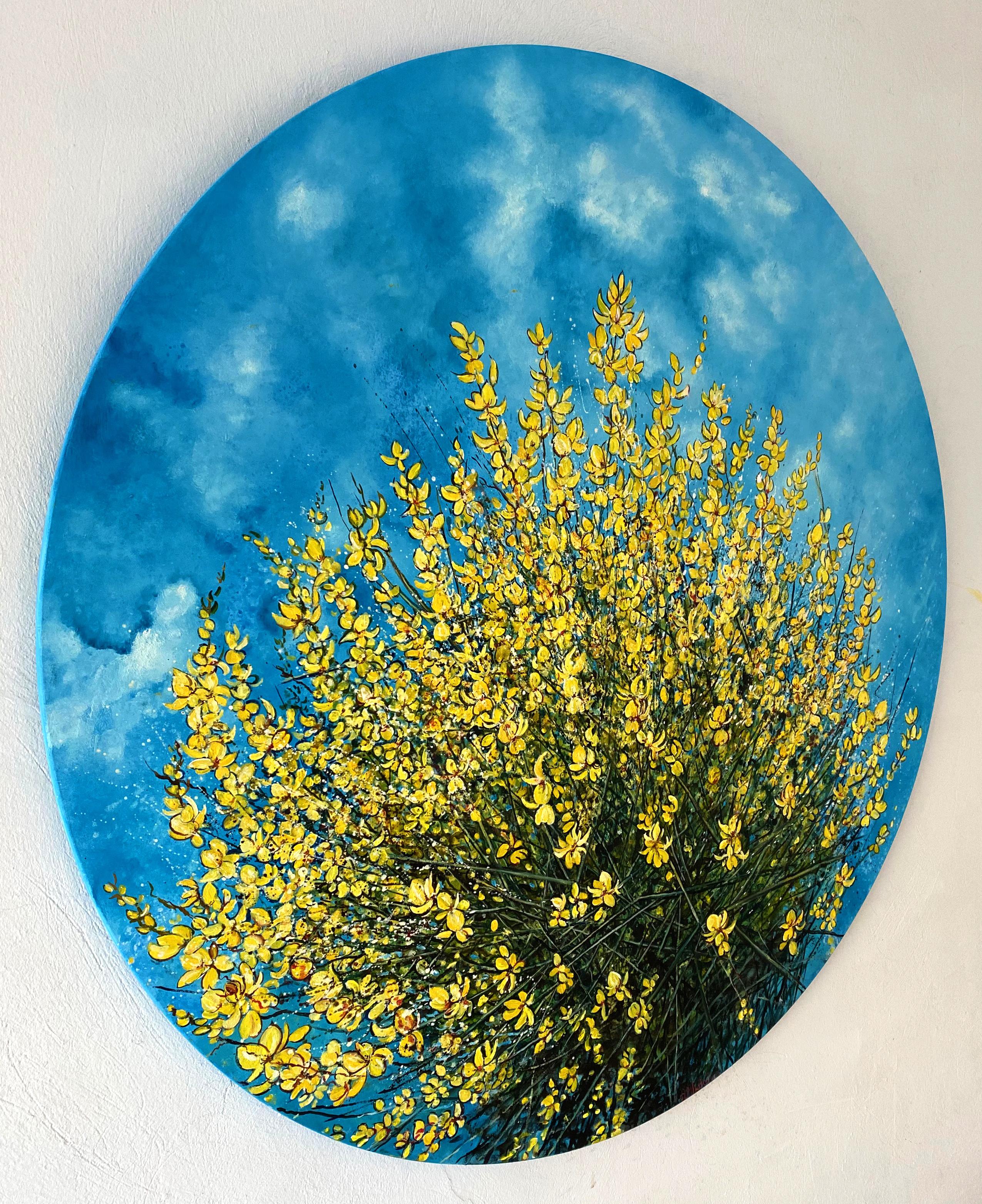 Blumen von Loussios – kreisförmiges Ölgemälde, gelbe Wildblumen, naturblauer Himmel (Zeitgenössisch), Painting, von Anastasia Gklava