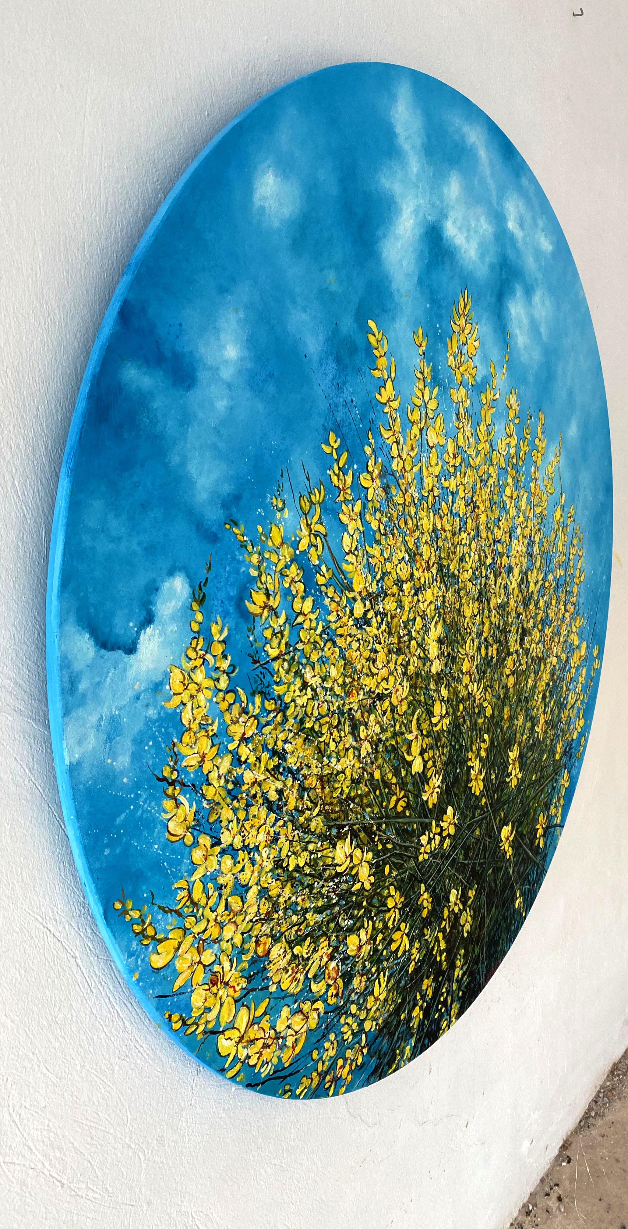 Flowers of Loussios - Circular oil painting, yellow wildflowers nature blue sky - Green Still-Life Painting by Anastasia Gklava