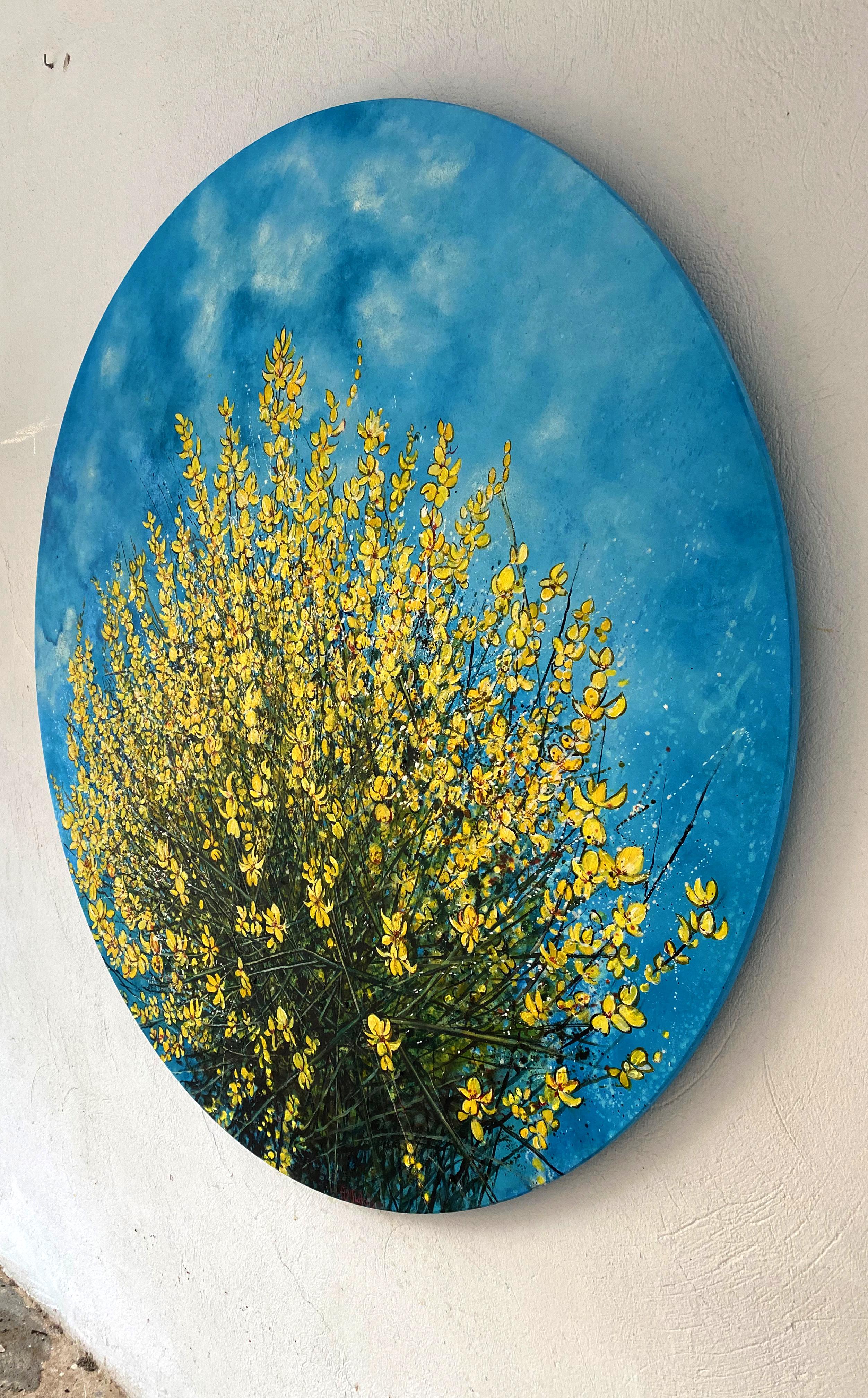 Blumen von Loussios – kreisförmiges Ölgemälde, gelbe Wildblumen, naturblauer Himmel 2