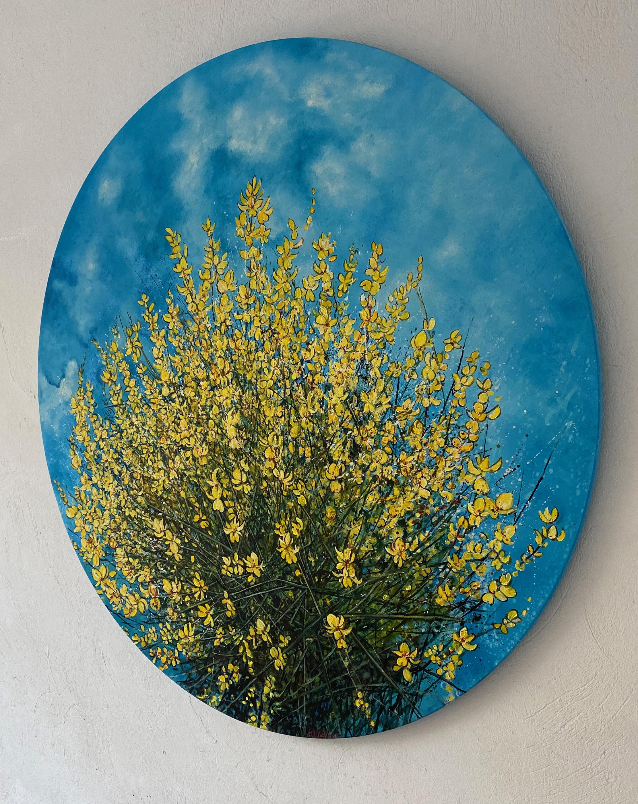 Blumen von Loussios – kreisförmiges Ölgemälde, gelbe Wildblumen, naturblauer Himmel 3