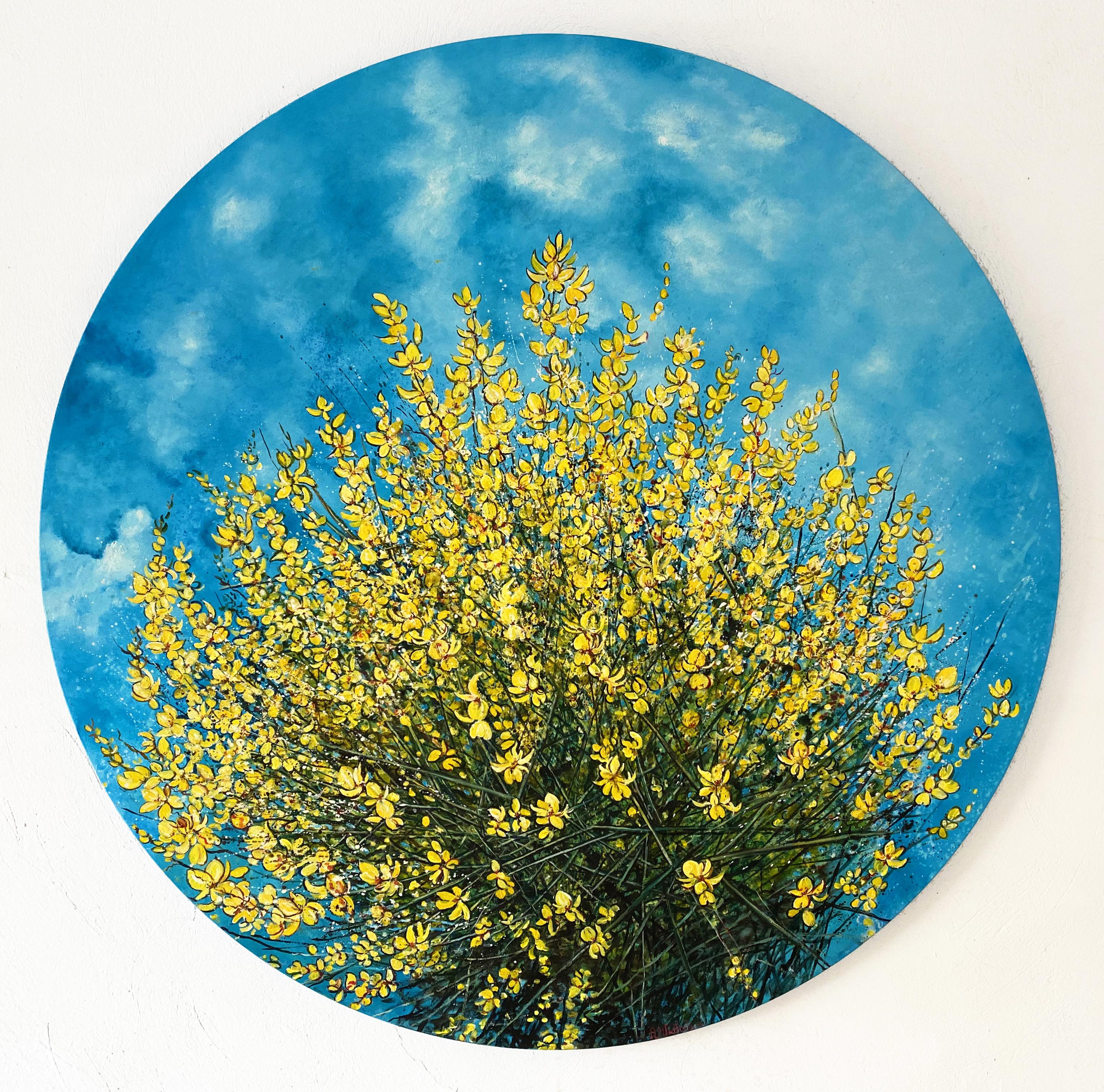 Anastasia Gklava Still-Life Painting – Blumen von Loussios – kreisförmiges Ölgemälde, gelbe Wildblumen, naturblauer Himmel