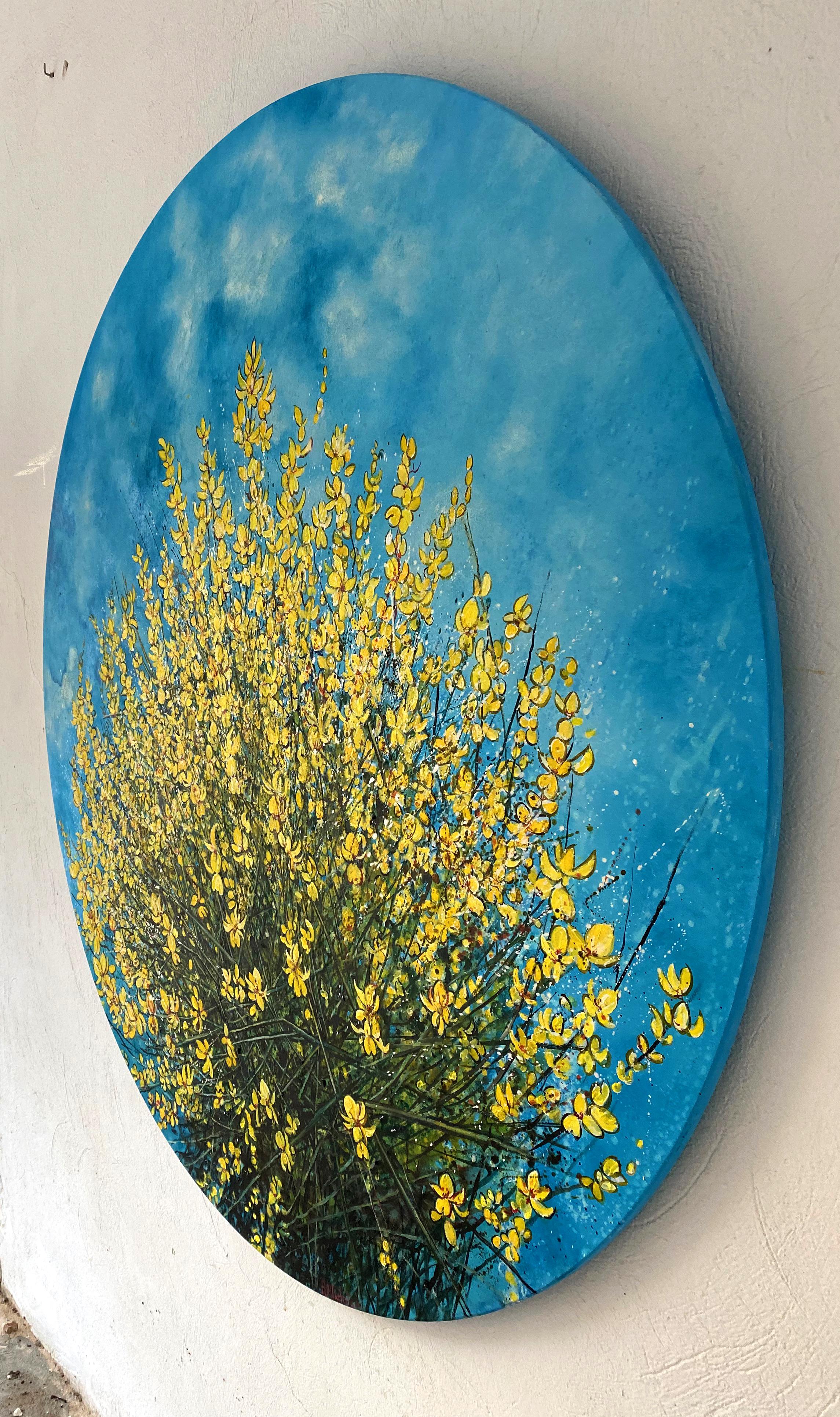 Flowers of Loussios - Circular oil painting, yellow wildflowers and blue sky - Painting by Anastasia Gklava
