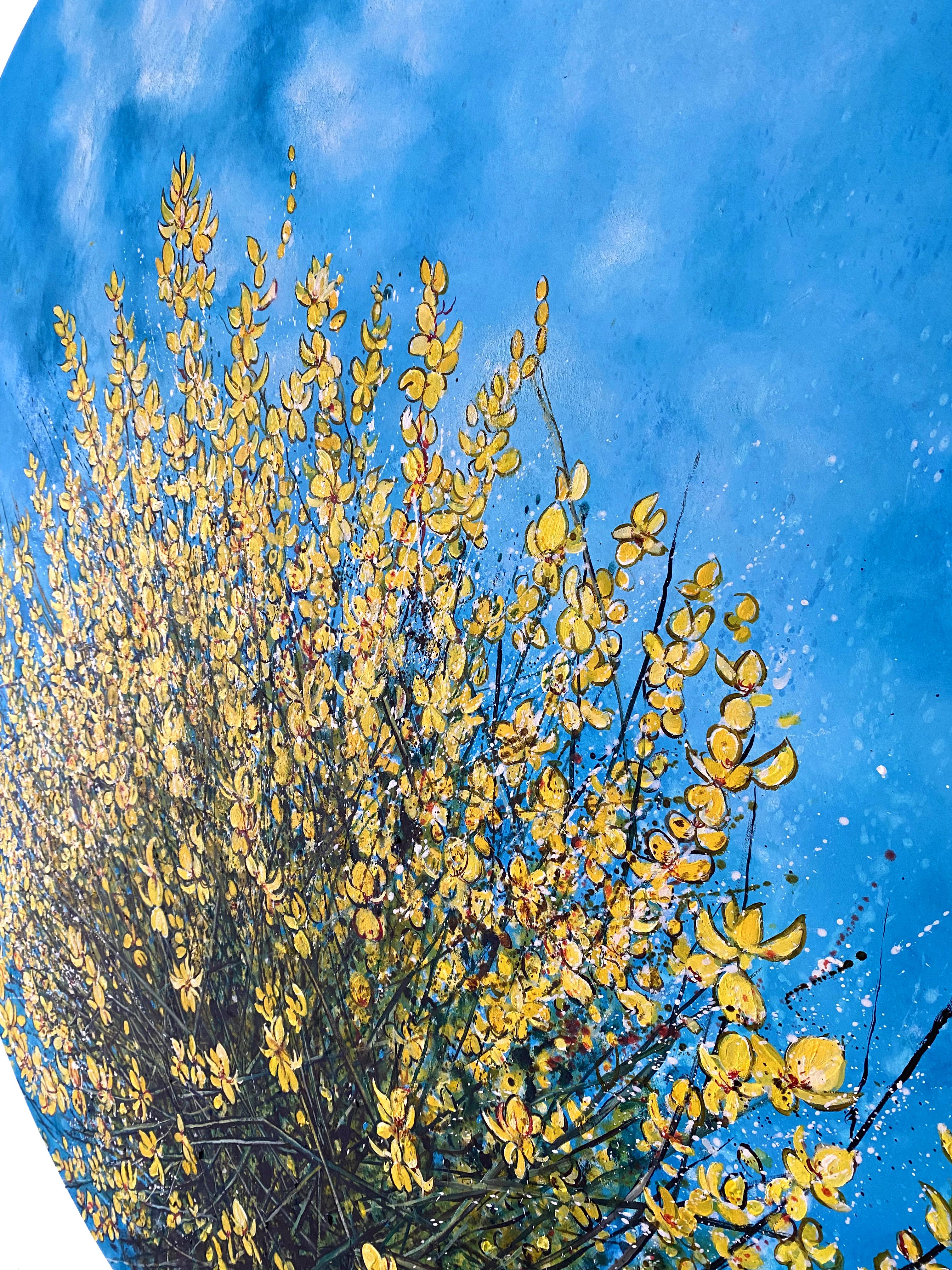Flowers of Loussios - Circular oil painting, yellow wildflowers and blue sky - Contemporary Painting by Anastasia Gklava