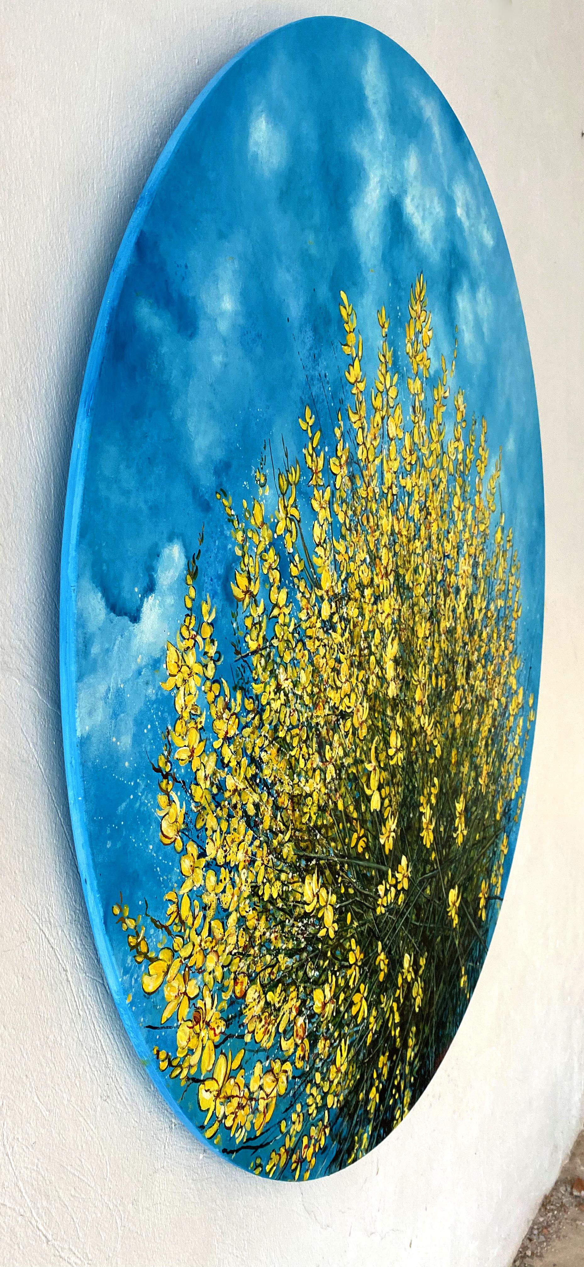 Flowers of Loussios - Circular oil painting, yellow wildflowers and blue sky For Sale 2
