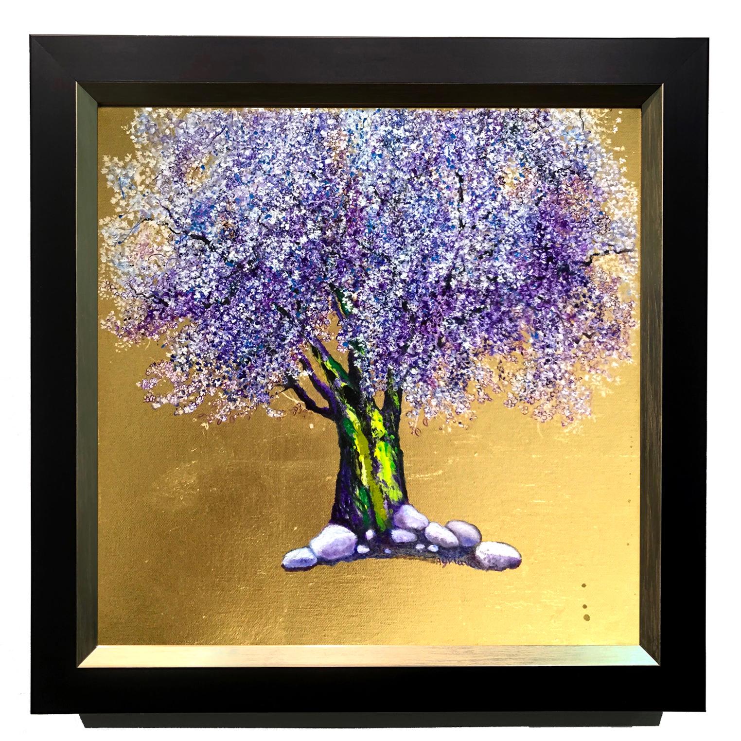 Fluttering, Oil on canvas with gold leaf, romantic elegant tree 