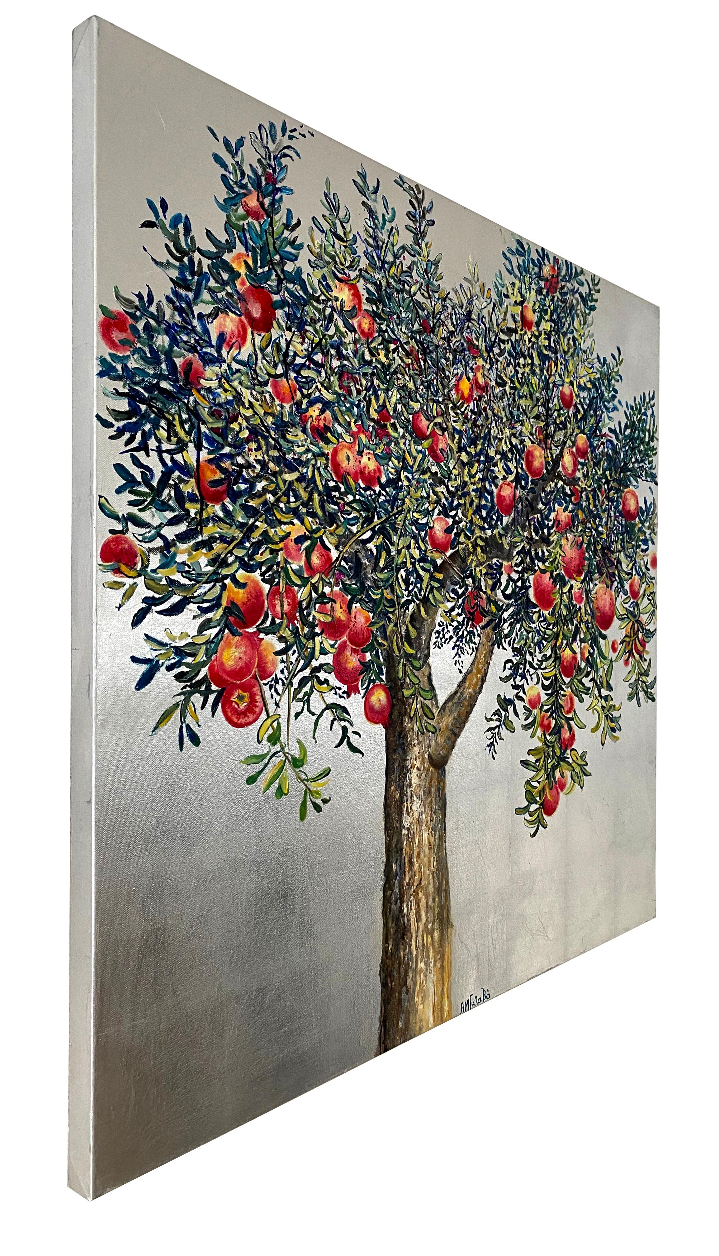 Gift of Life - Peinture d'arbre à l'huile et feuille d'argent, feuilles bleues, paysage de nature - Painting de Anastasia Gklava