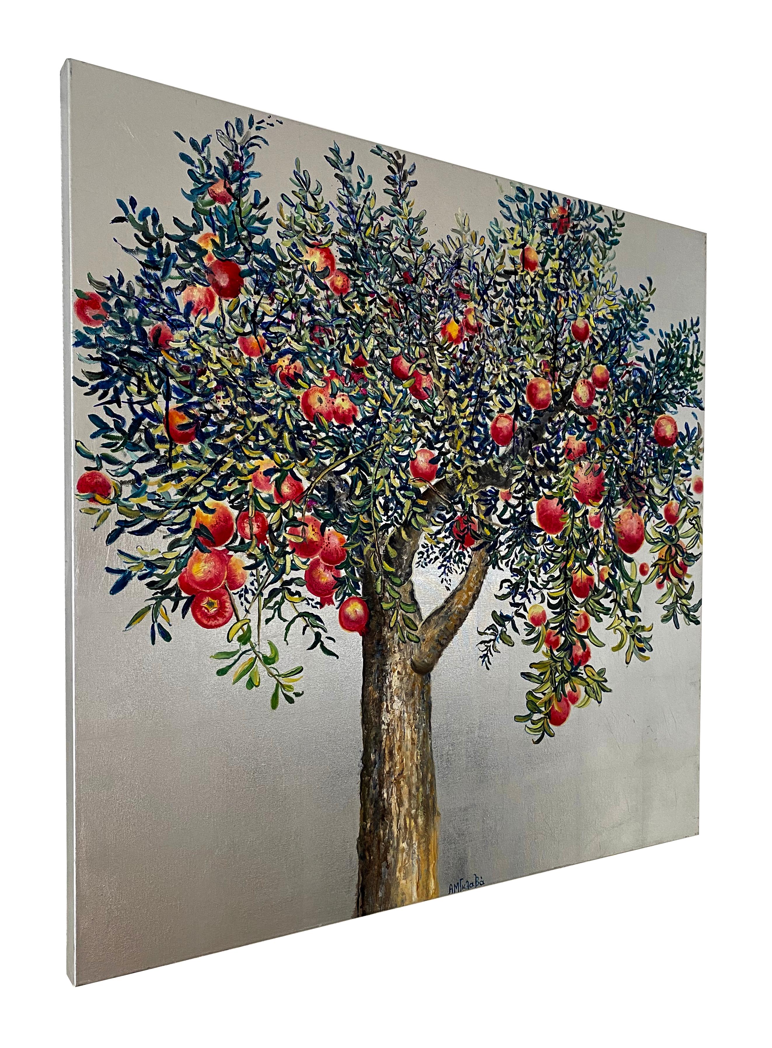 Gift of Life - Peinture d'arbre à l'huile et feuille d'argent, feuilles bleues, paysage de nature - Contemporain Painting par Anastasia Gklava