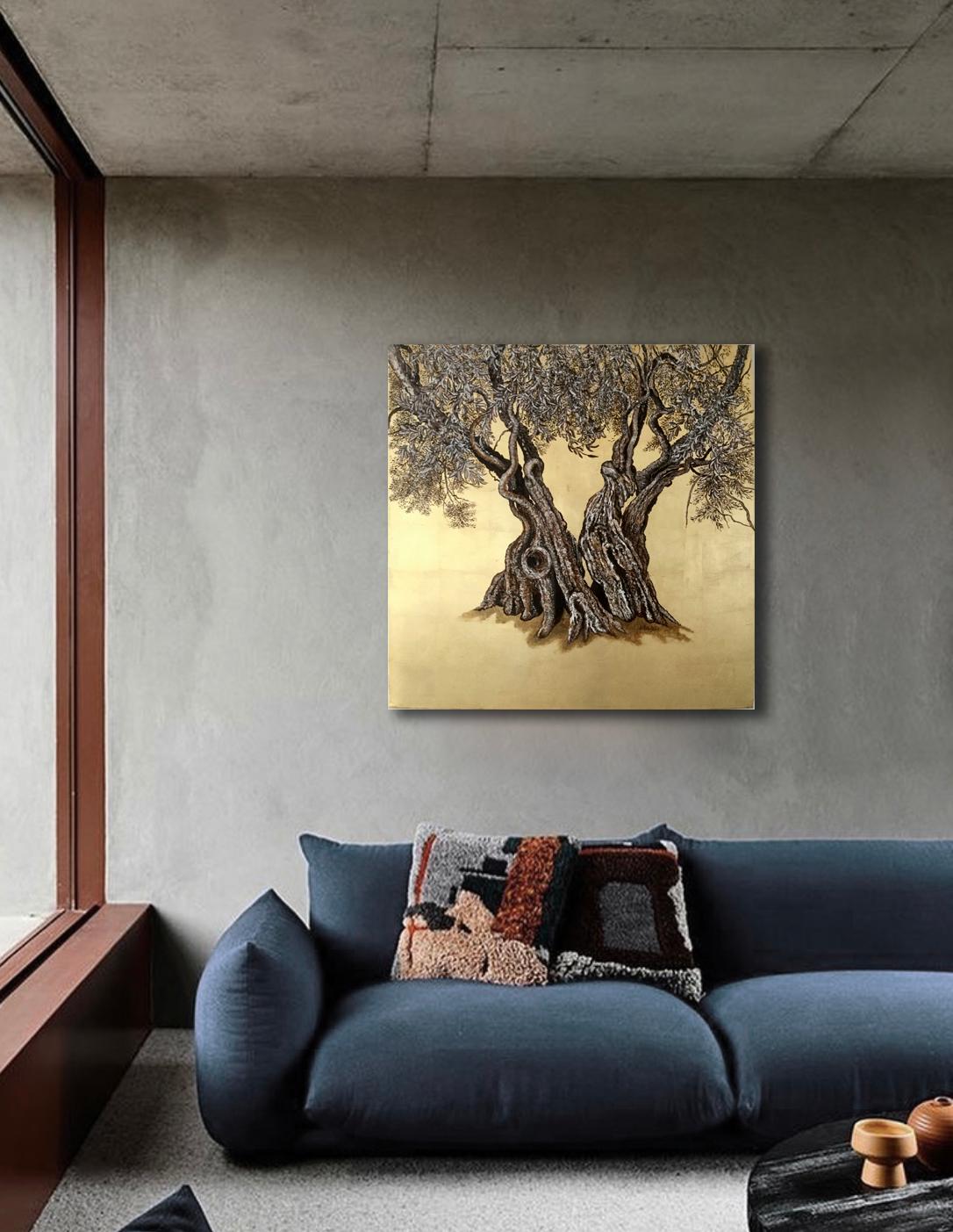 « Narly », élégante peinture à l'huile et à la feuille d'or, olive, paysage, nature - Painting de Anastasia Gklava