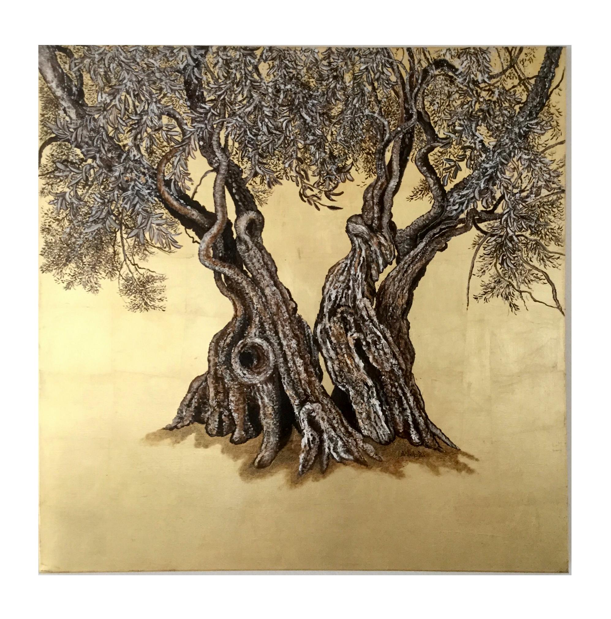 « Narly », élégante peinture à l'huile et à la feuille d'or, olive, paysage, nature - Contemporain Painting par Anastasia Gklava