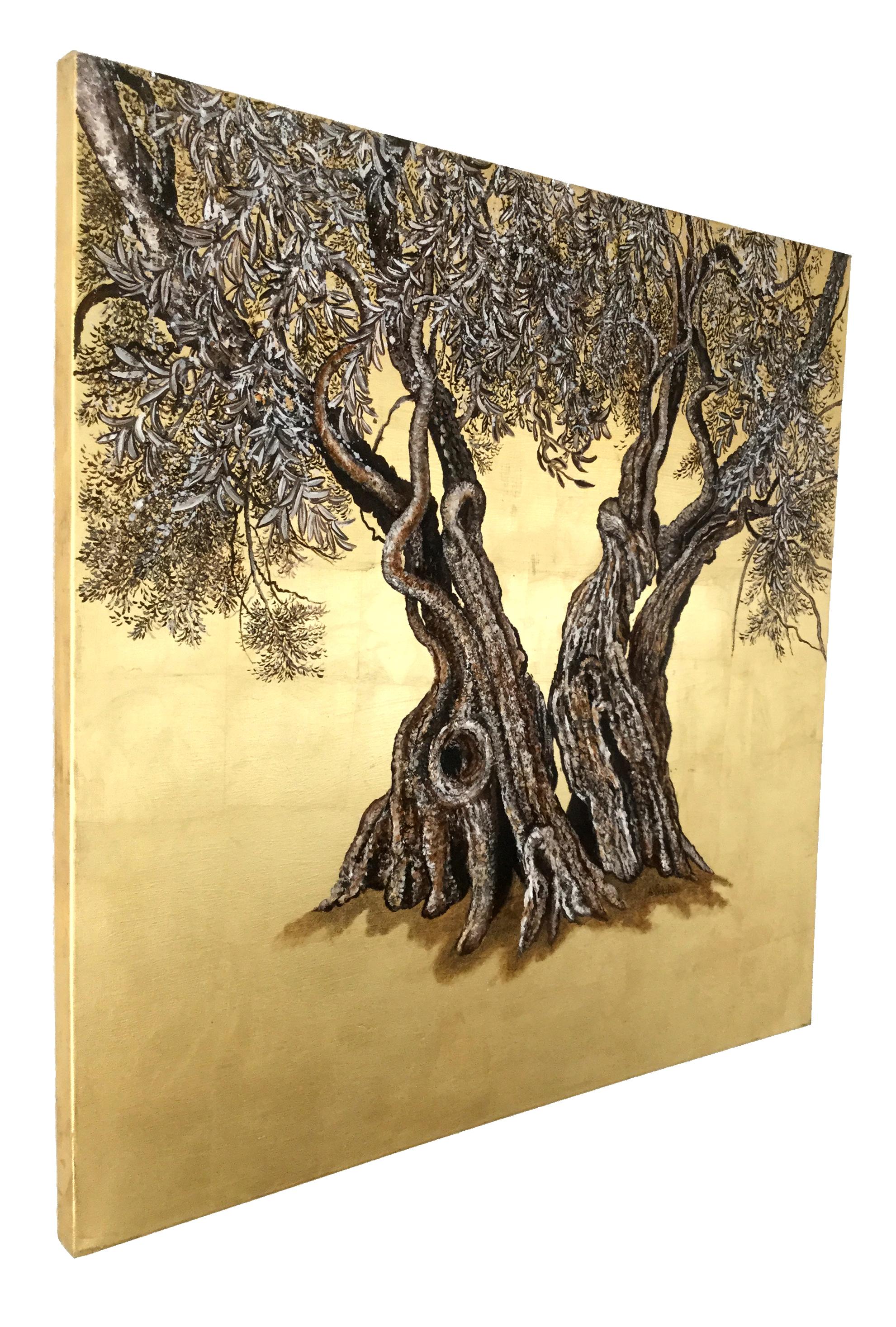 « Narly », élégante peinture à l'huile et à la feuille d'or, olive, paysage, nature - Marron Landscape Painting par Anastasia Gklava