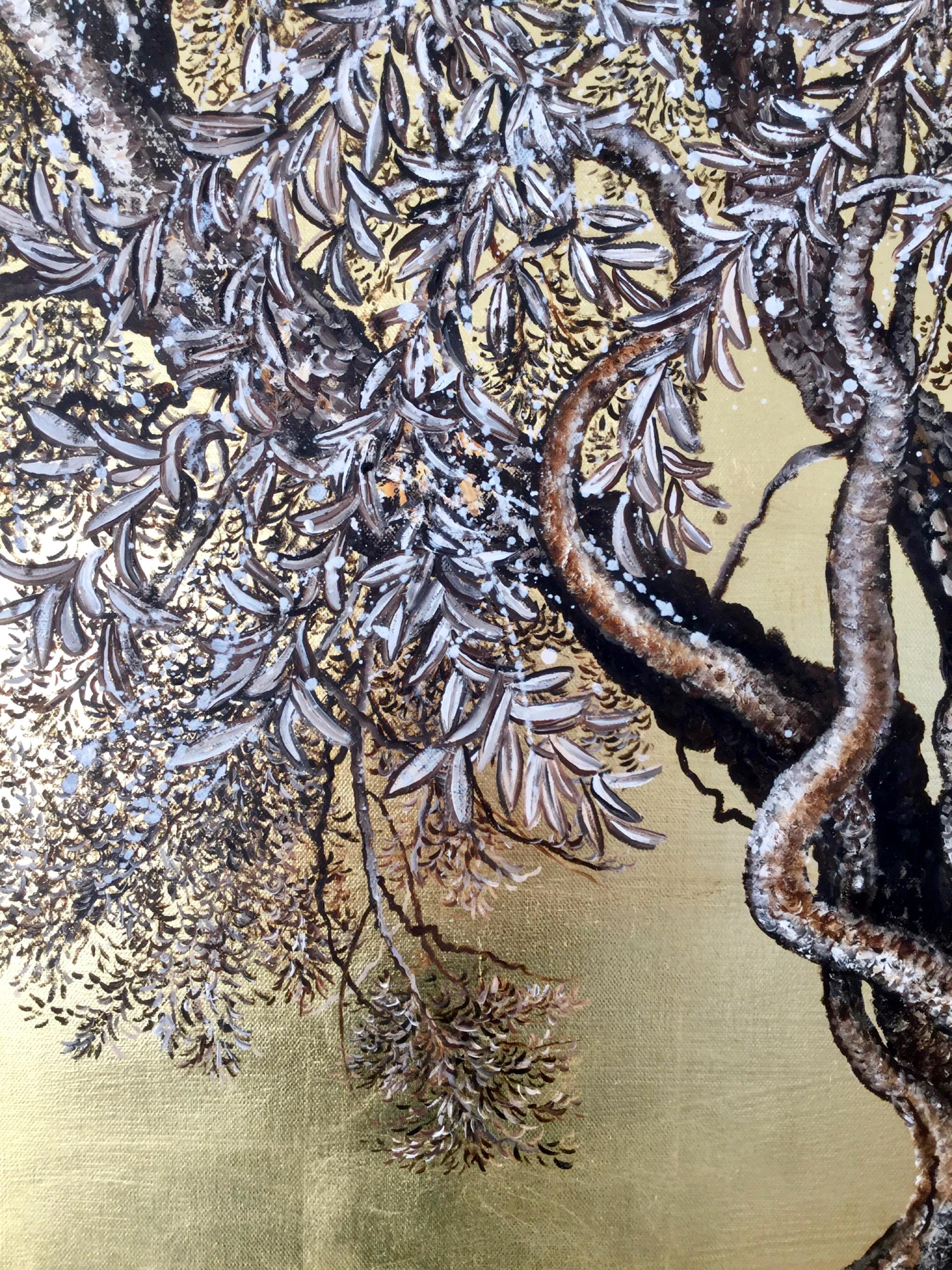 « Narly », élégante peinture à l'huile et à la feuille d'or, olive, paysage, nature en vente 1