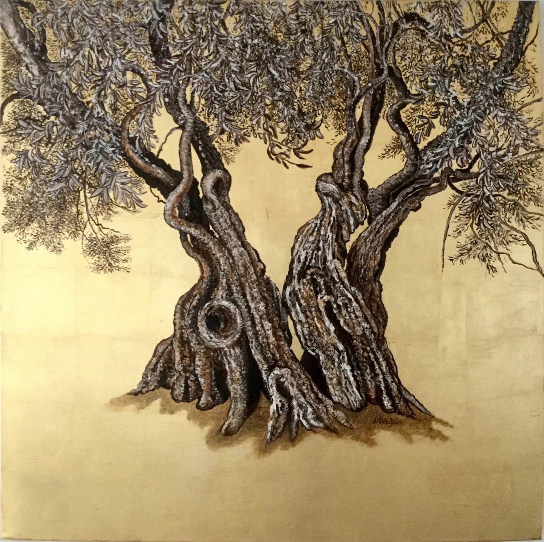 "Gnarly", Elegant oil and gold leaf painting, olive tree, landscape, nature