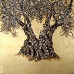 "Gnarly", Elegant oil and gold leaf painting, olive tree, landscape, nature