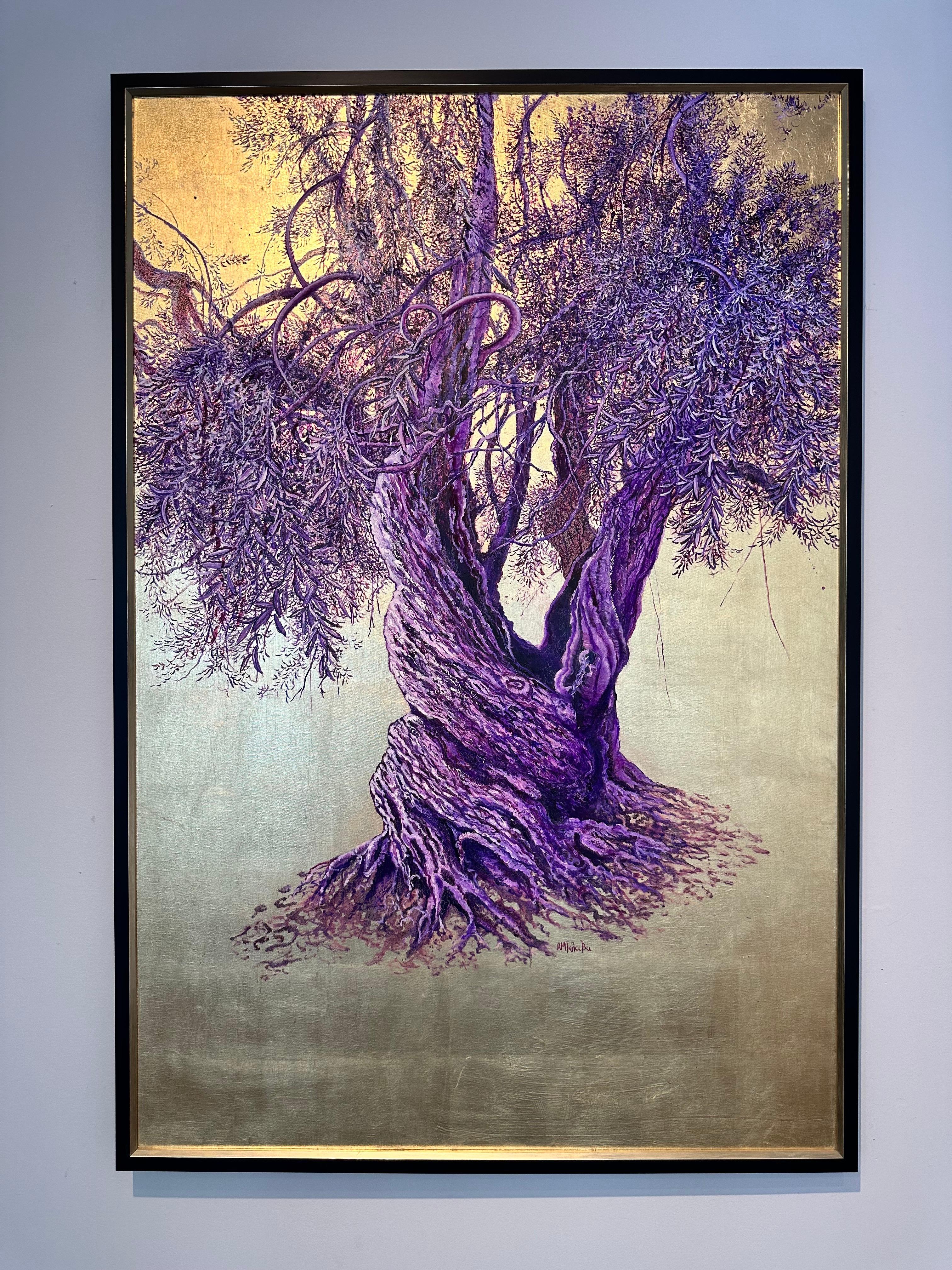 Grandioso - Elegante cuadro al óleo y dorado sobre árbol, flores rosas, paisaje, naturaleza