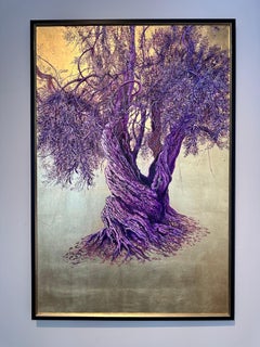 Grandiose - élégante peinture à l'huile et à l'or d'un arbre, fleurs roses, paysage, nature