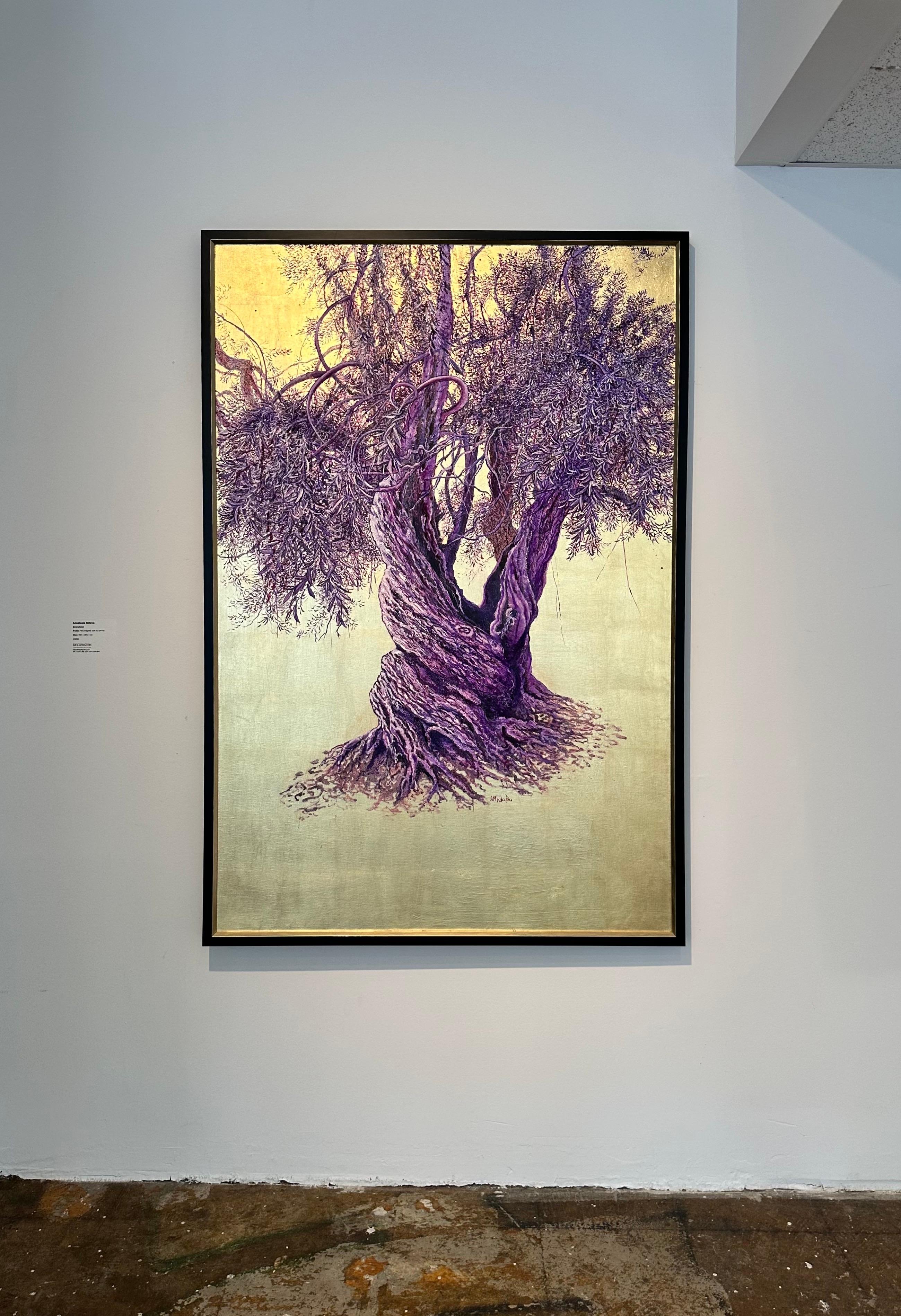 Grandiose - élégante peinture à l'huile et à l'or d'un arbre, fleurs roses, paysage, nature - Contemporain Painting par Anastasia Gklava