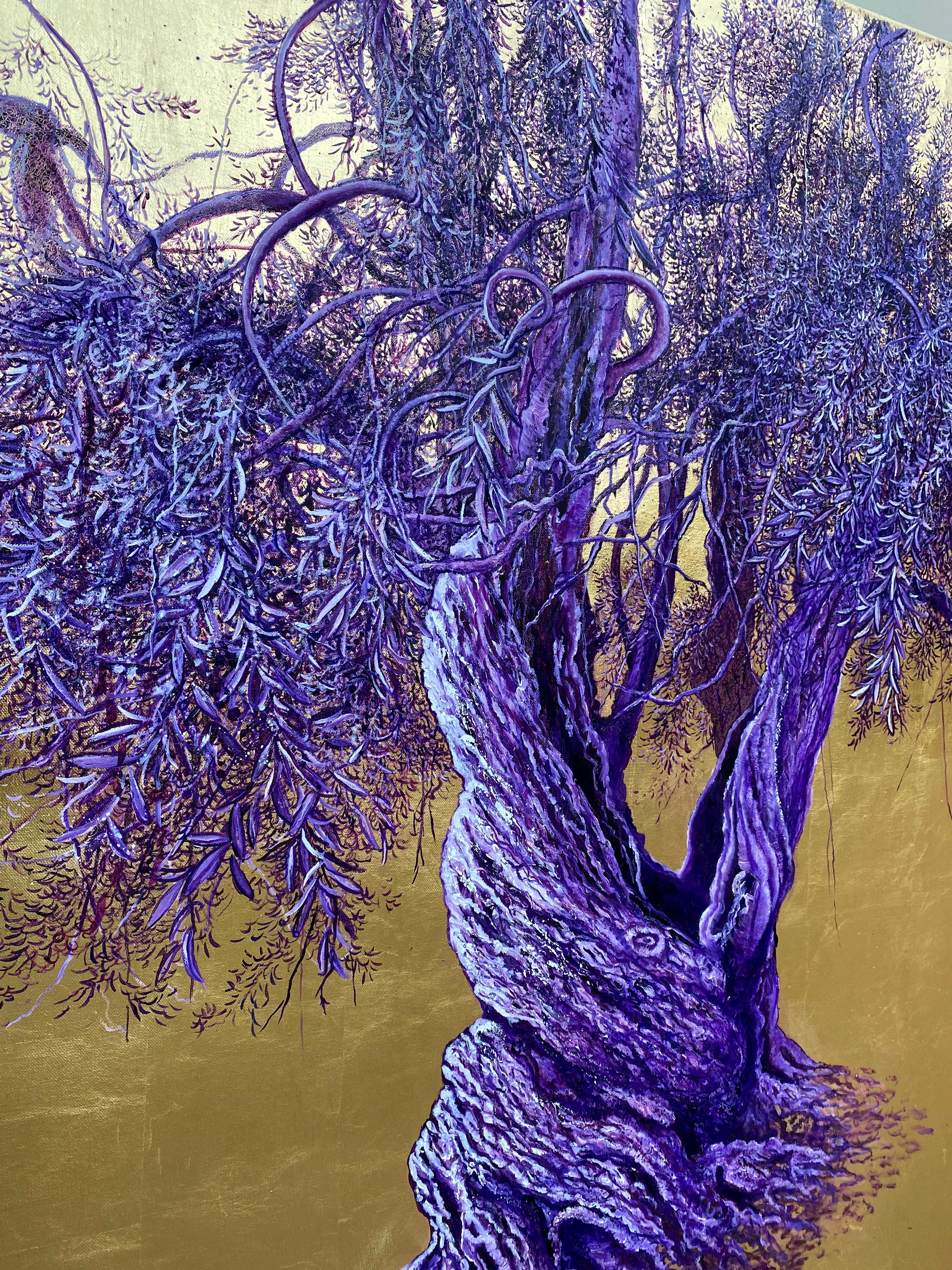 Grandioso - Elegante quadro ad olio con albero dorato, fiori rosa, paesaggio, natura in vendita 1