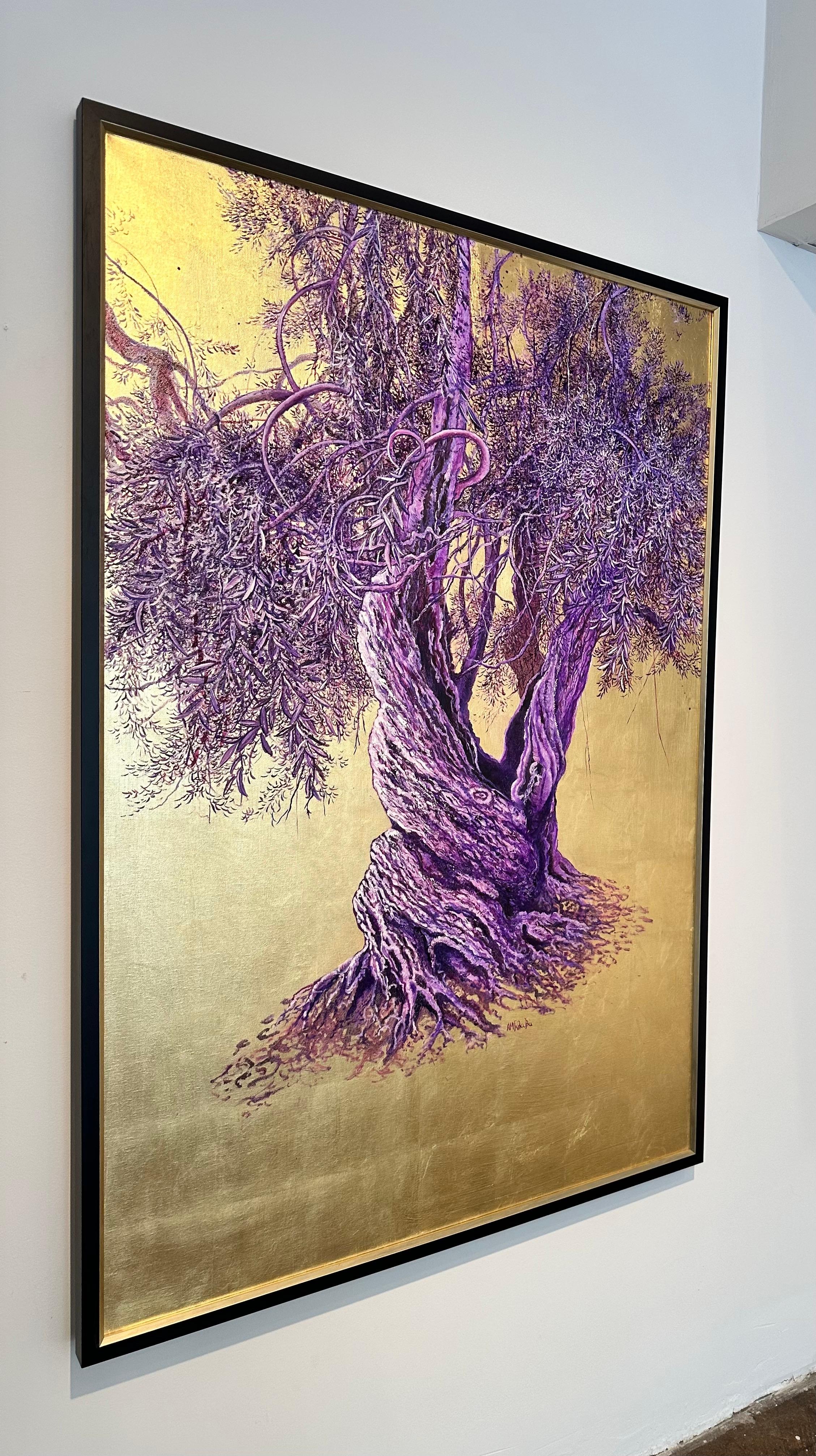 Grandiose - élégante peinture à l'huile et à l'or d'un arbre, fleurs roses, paysage, nature - Or Still-Life Painting par Anastasia Gklava