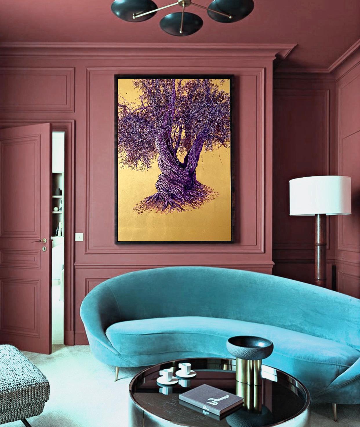 Grandiose - élégante peinture à l'huile et à l'or d'un arbre, fleurs roses, paysage, nature en vente 2