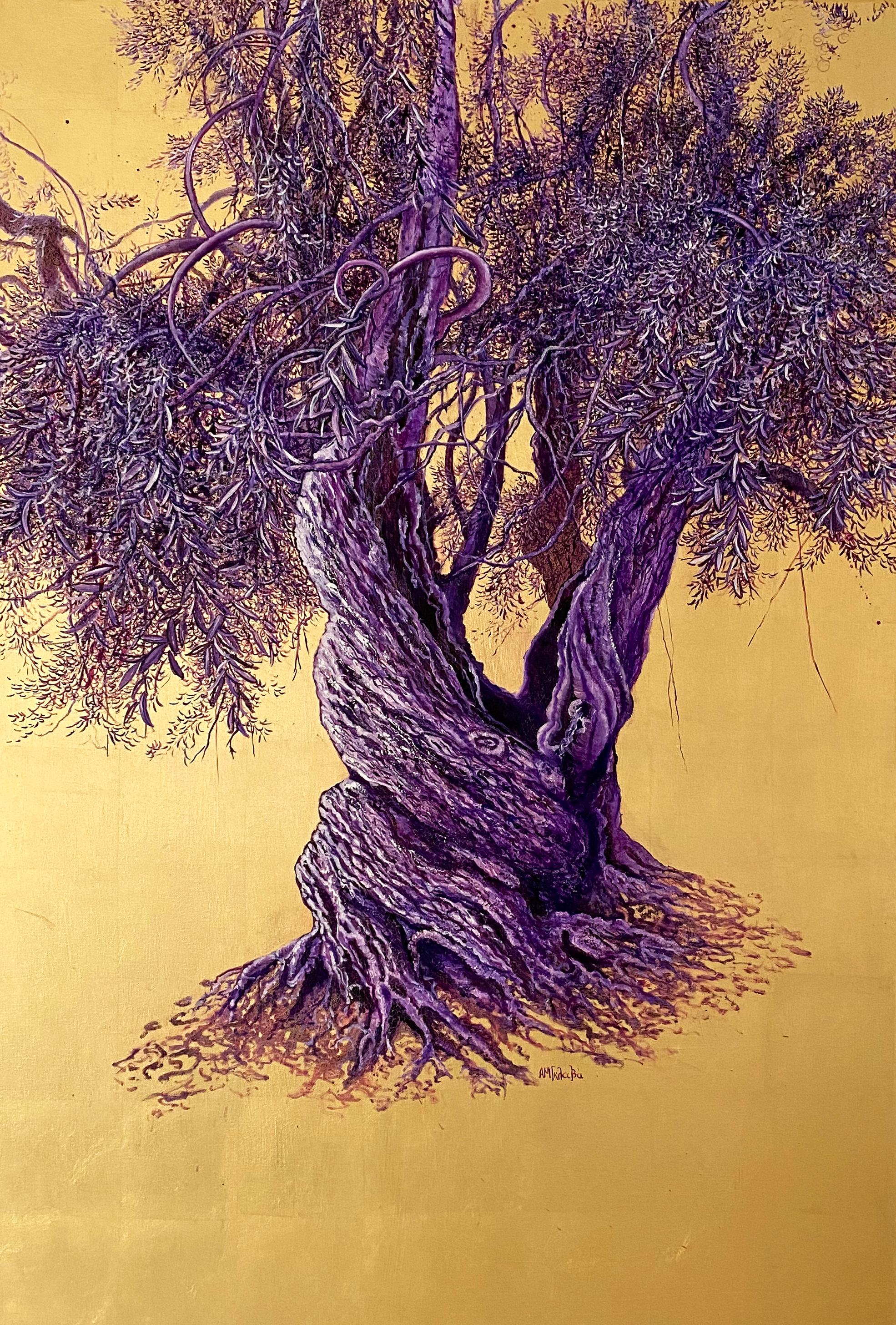 Grandiose - élégante peinture à l'huile et à l'or d'un arbre, fleurs roses, paysage, nature - Painting de Anastasia Gklava