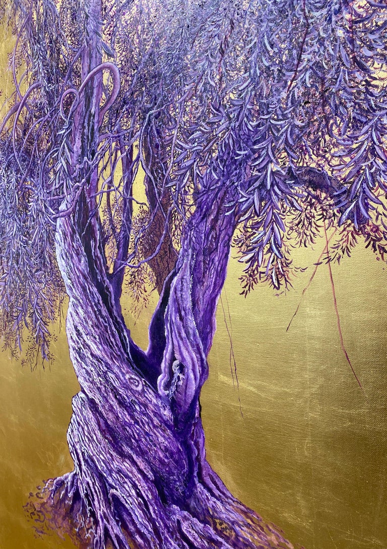 Anastasia Gklava  Grandiose - Realist lila and lavendel Olivenbaum,  goldenen Hintergrund, Natur im Angebot bei 1stDibs Deutschland