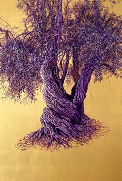 Grandiose - Realist purple & lavender Olive Tree, golden background, nature