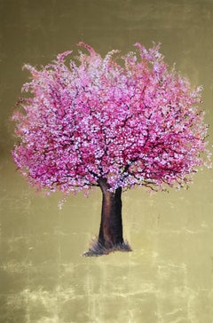 Happy Encounter,  Elegant oil on canvas with gold leaf, contemporary Pink Tree