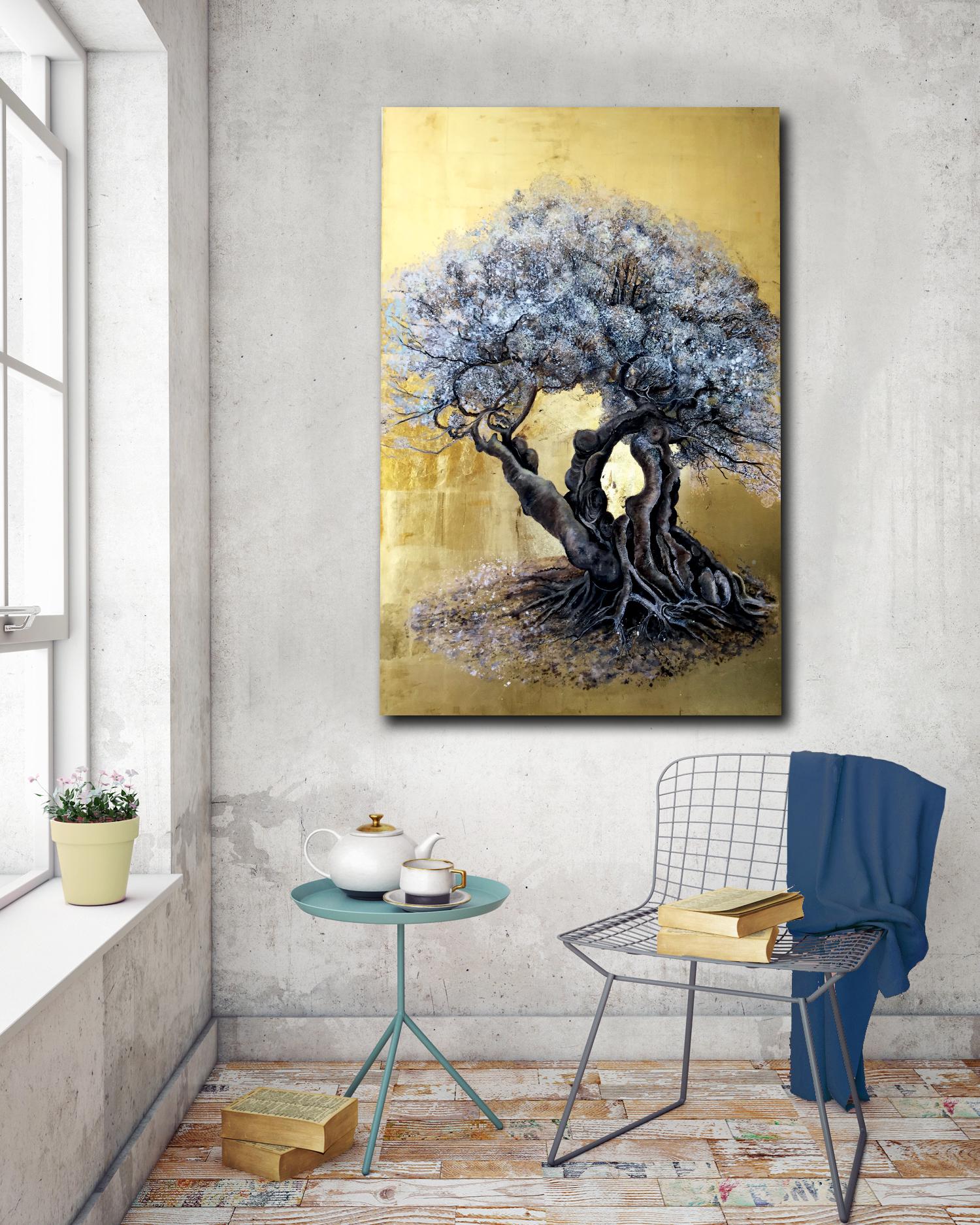 How Time Goes By and Yet it Blossoms - a romantic olive tree painting with gold  - Painting by Anastasia Gklava