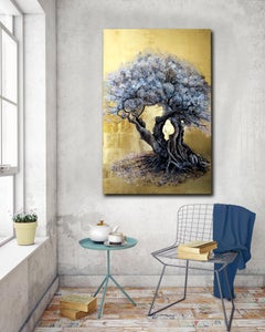 How Time Goes By and Yet it Blossoms - a romantic olive tree painting with gold
