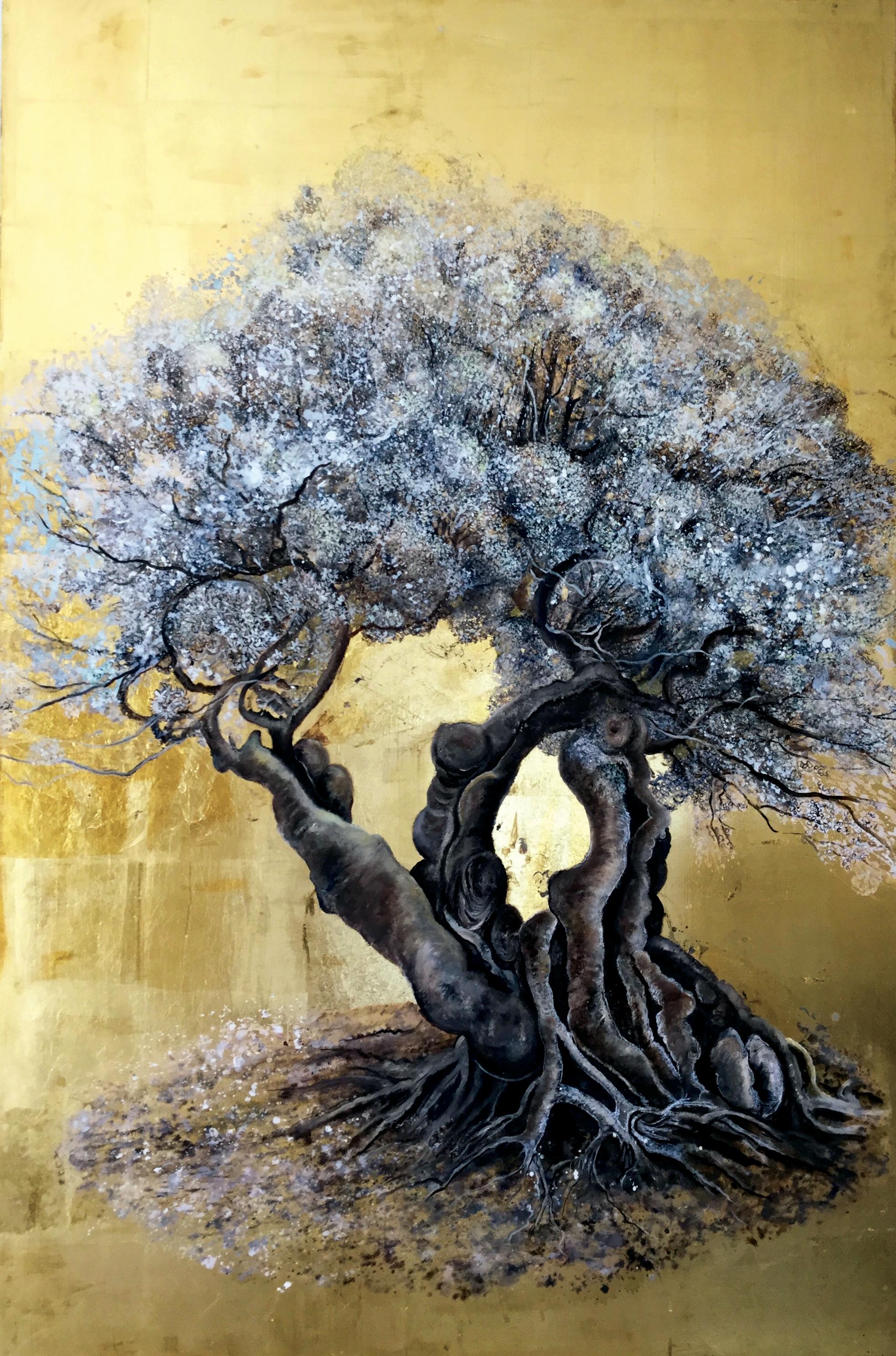 Anastasia Gklava Figurative Painting - How Time Goes By and Yet it Blossoms - a romantic olive tree painting with gold 