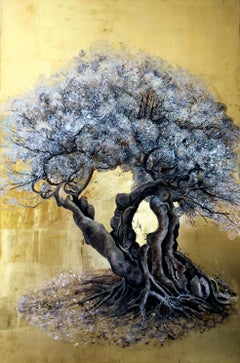 How Time Goes By and Yet it Blossoms - a romantic olive tree painting with gold 