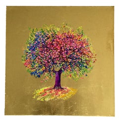Illusion, Blossom blue Tree, contemporary Oil on Canvas Gold Leaf Painting 