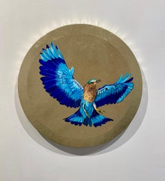 Pittura indiana di uccelli a rullo, olio e foglia d'oro su tela circolare