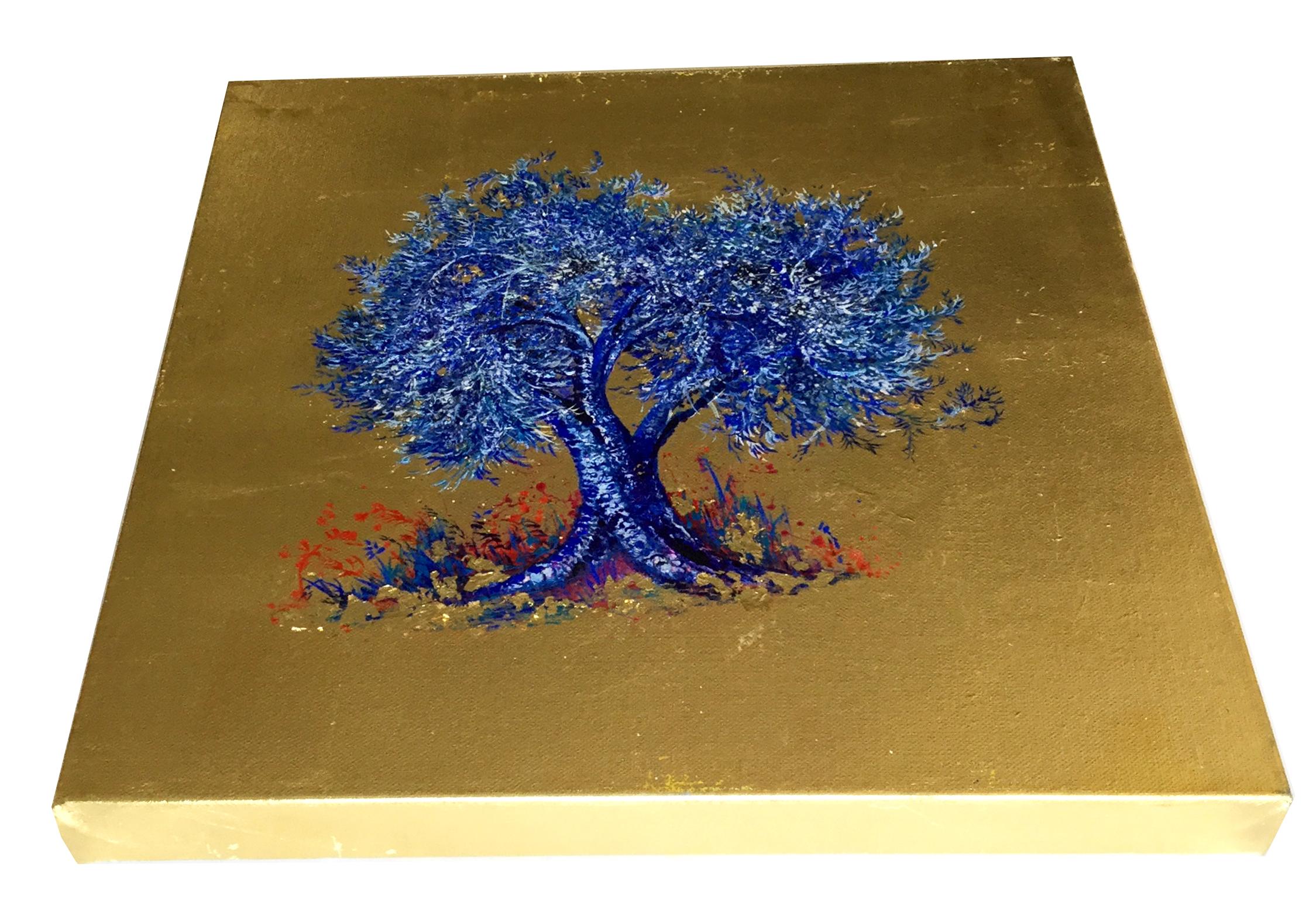 Zeitgenössisches Ölgemälde auf Leinwand:: Blattgold:: Indigo:: blühender blauer Baum 5