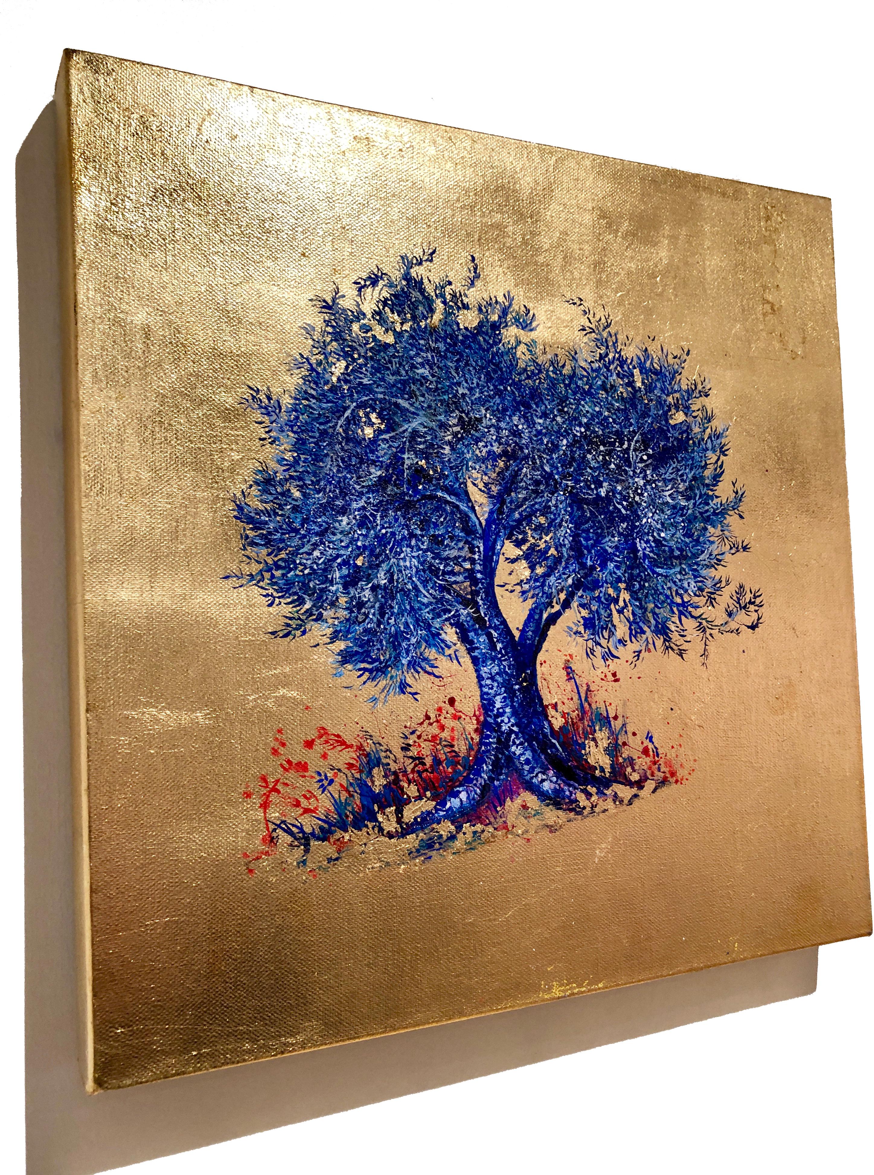 Zeitgenössisches Ölgemälde auf Leinwand:: Blattgold:: Indigo:: blühender blauer Baum 1