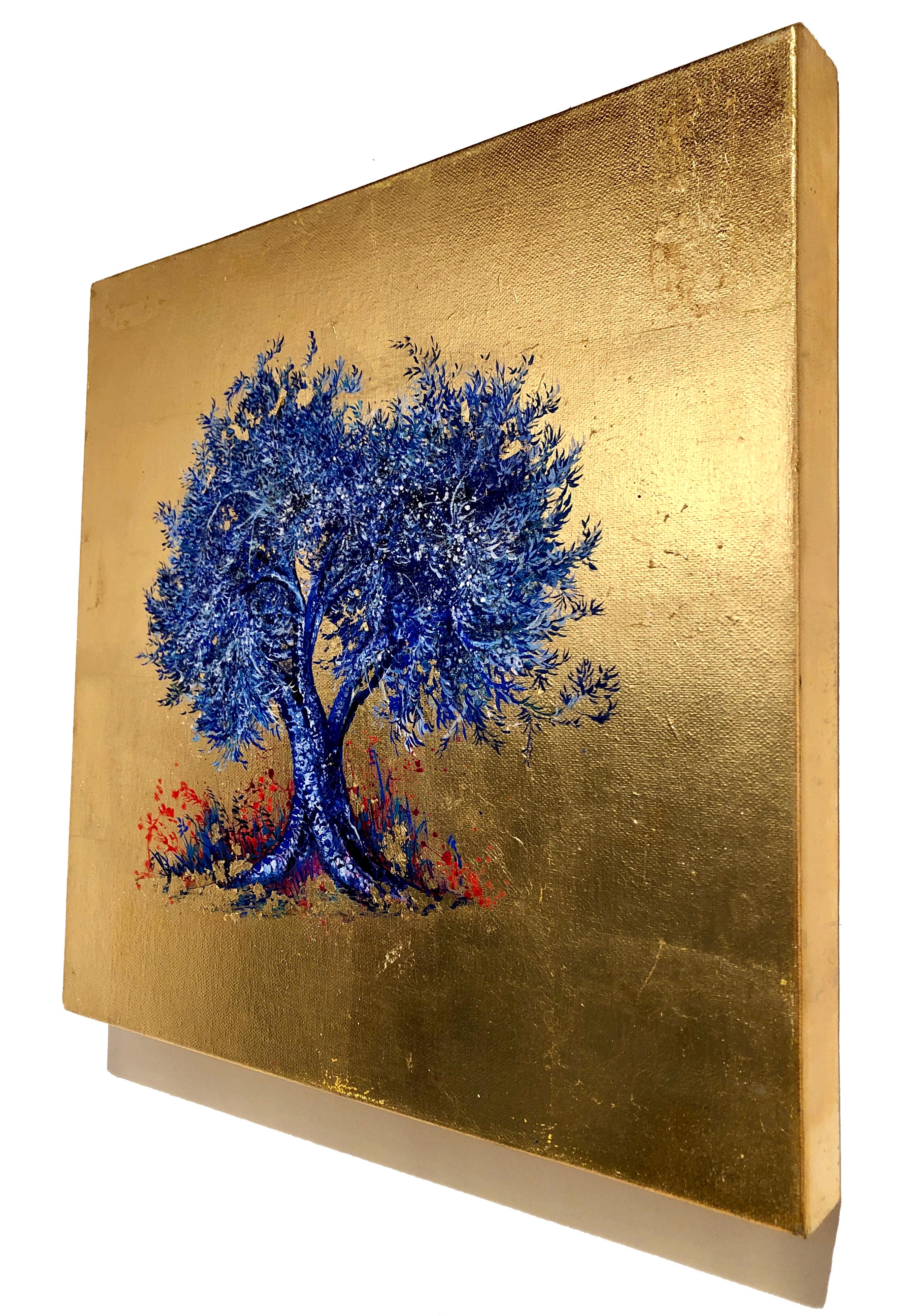 Zeitgenössisches Ölgemälde auf Leinwand:: Blattgold:: Indigo:: blühender blauer Baum 2