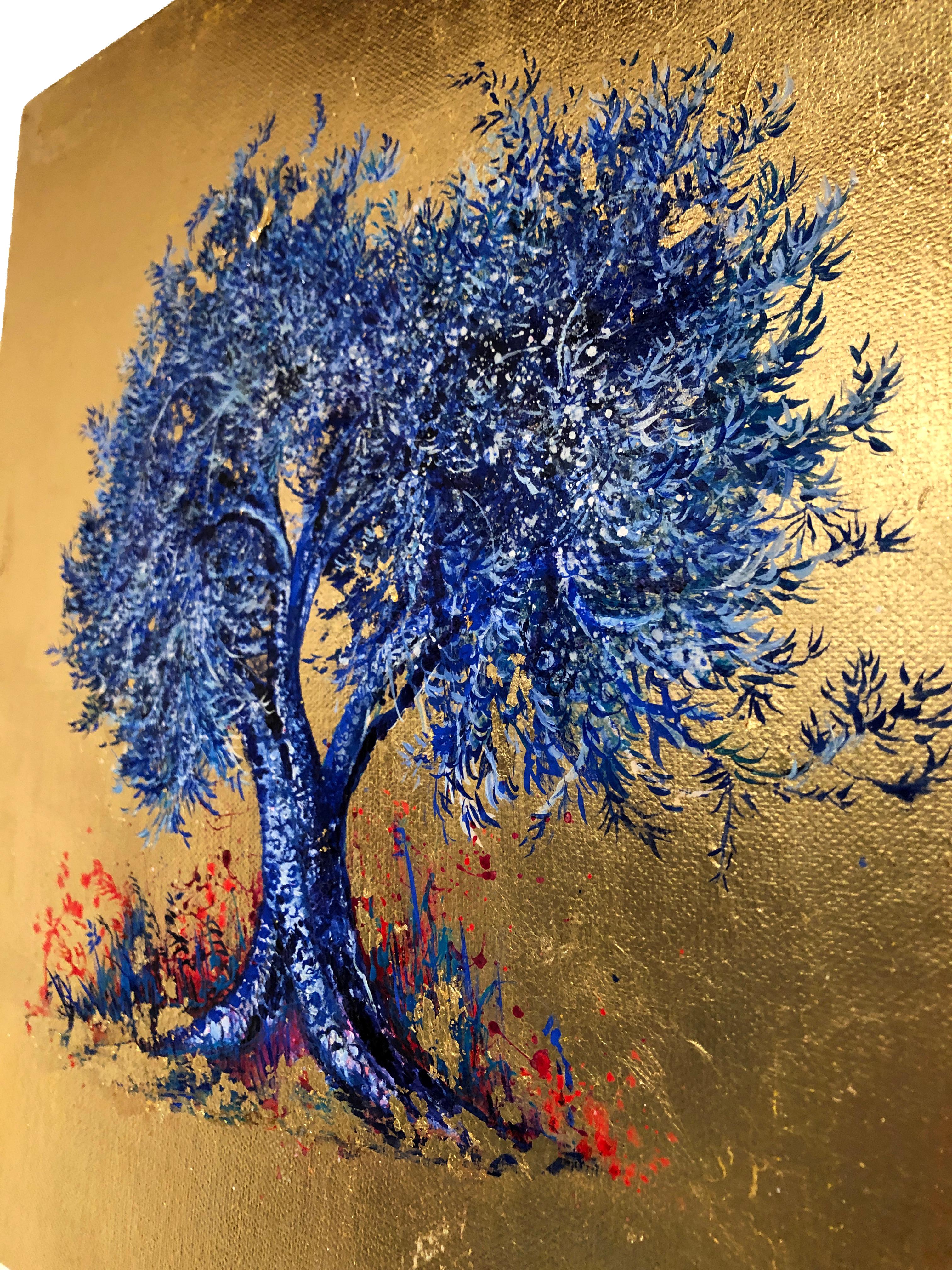 Indigo, Blossom Blue Tree, Contemporary Oil on Canvas Gold Leaf Painting  2