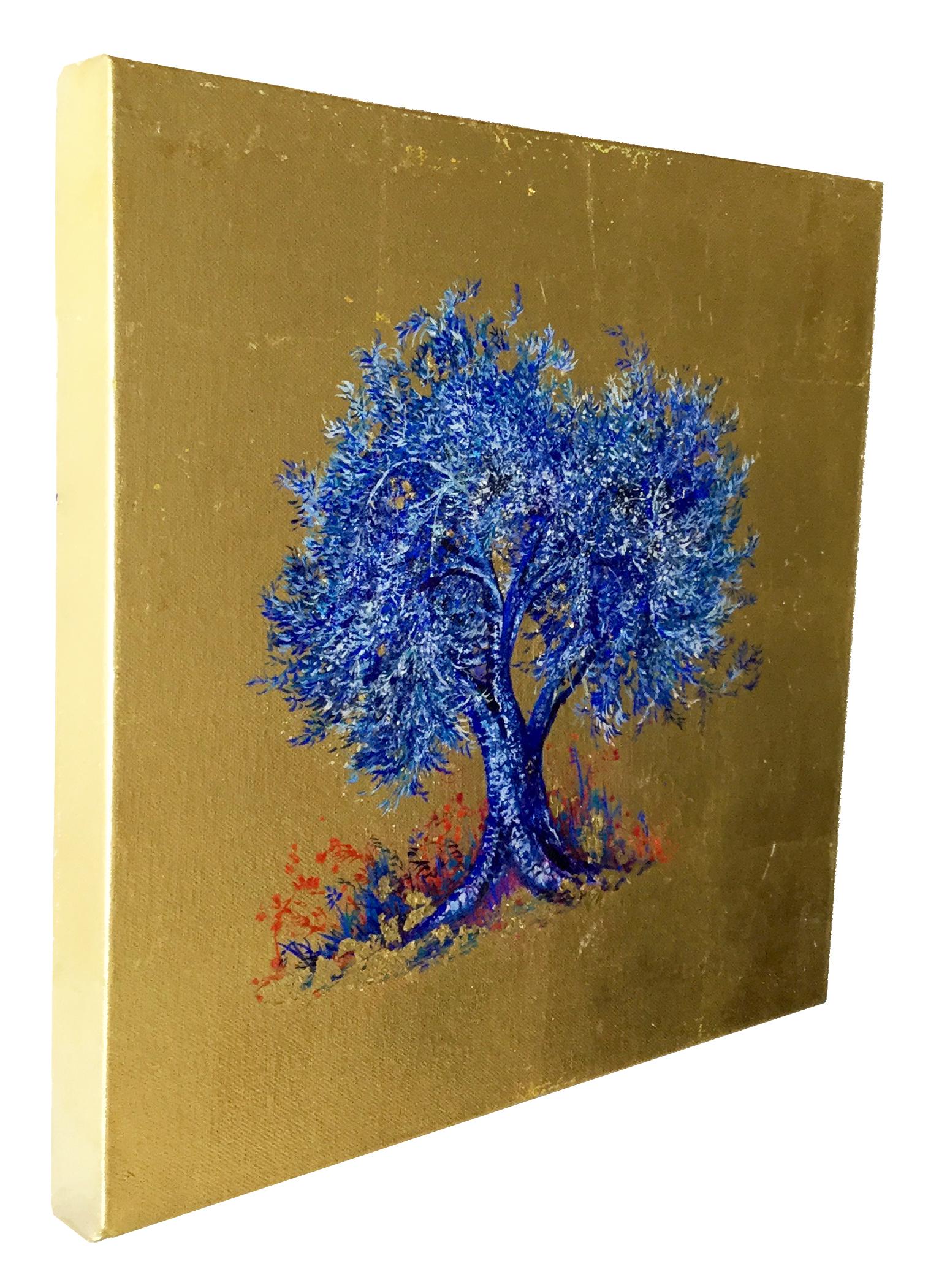 Zeitgenössisches Ölgemälde auf Leinwand:: Blattgold:: Indigo:: blühender blauer Baum 4