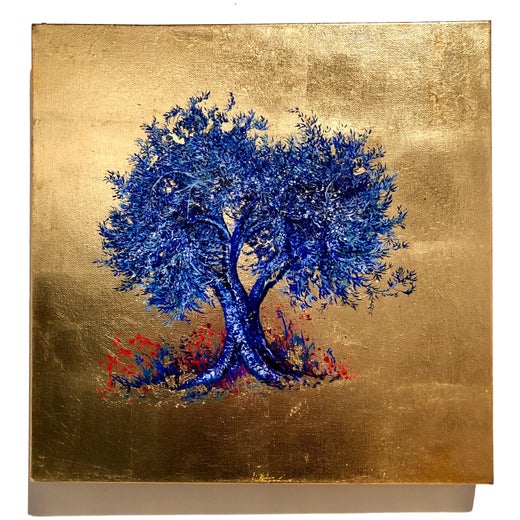 Indigo Blossom Blue Tree Contemporary Oil On Canvas Gold Leaf Painting