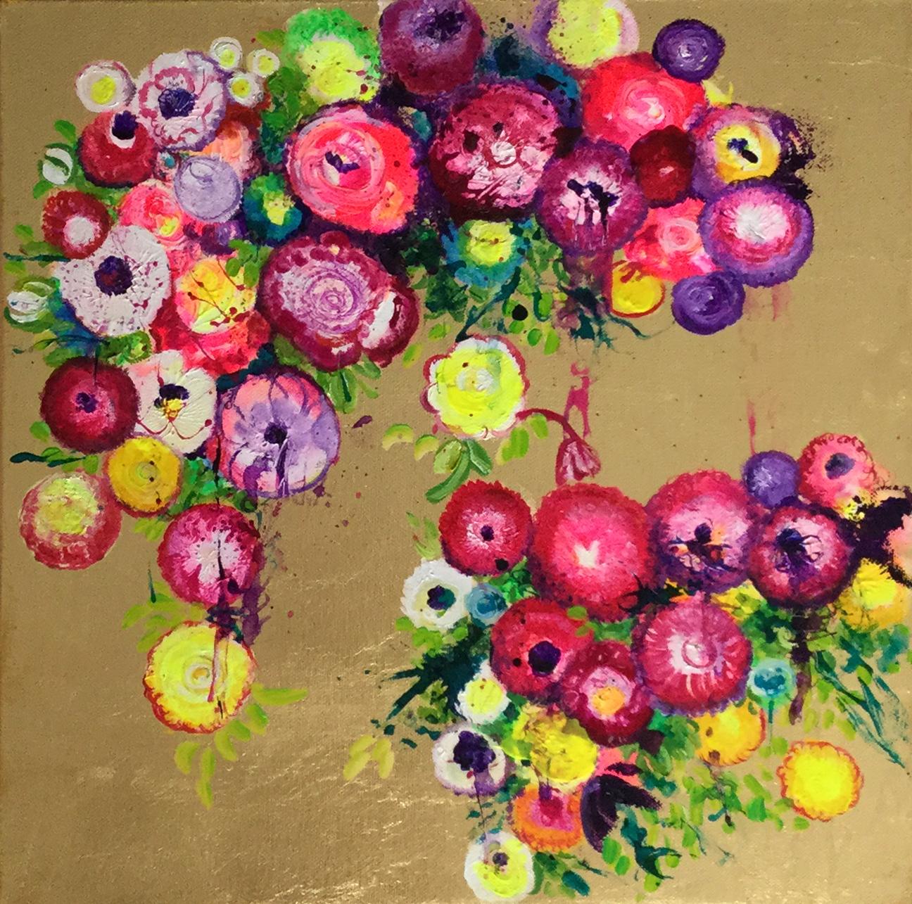 Anastasia Gklava Still-Life Painting - Jolly, Bright colorful oil on canvas with gold leaf, contemporary flower pattern