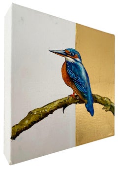 "Kingfisher", Bird painting, oil and gold leaf on canvas - contemporary framed