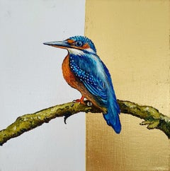 "Martín Pescador", Pintura de aves, óleo y pan de oro sobre lienzo - enmarcado contemporáneo