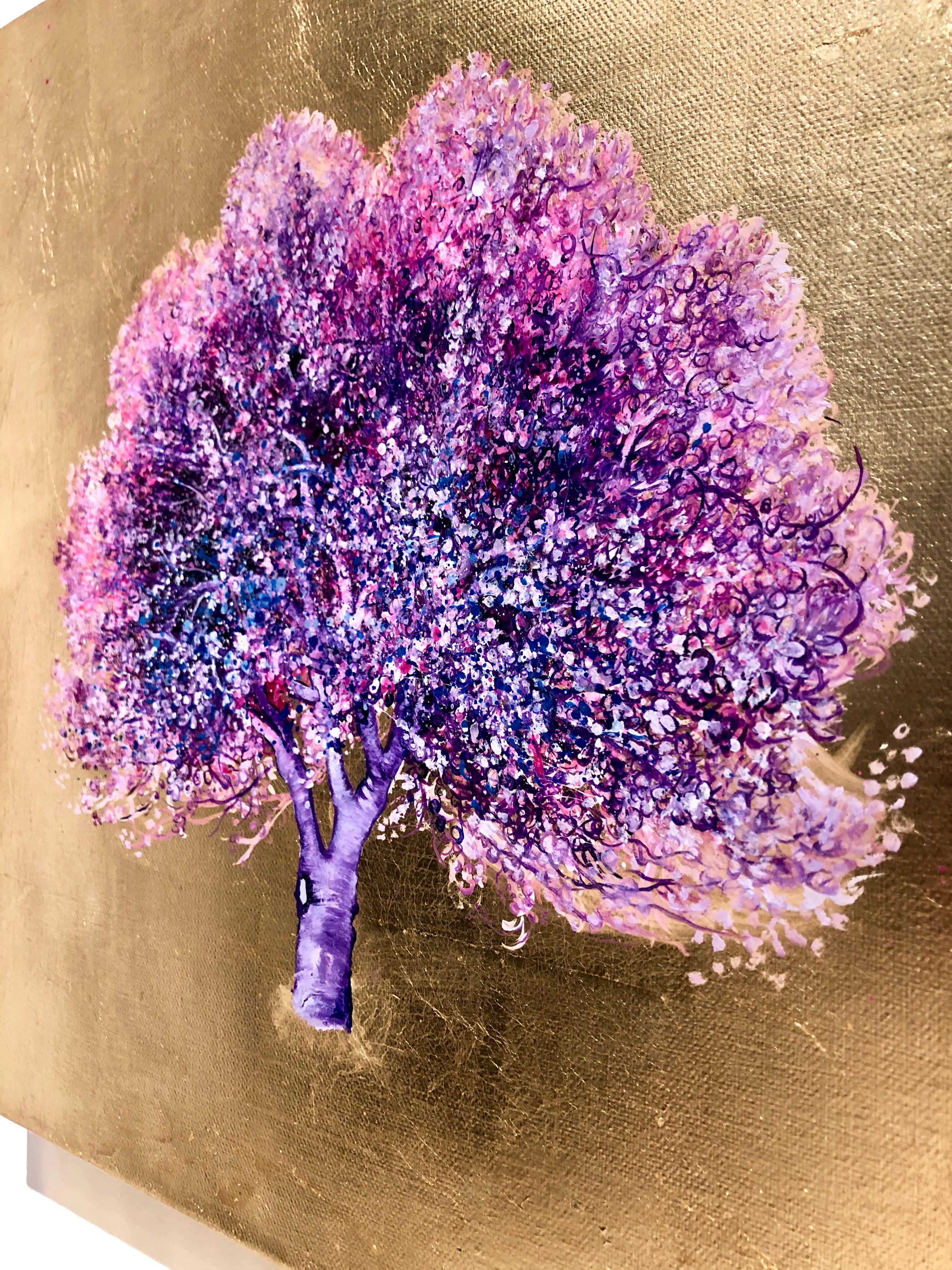 Let the Sunshine In, Purple Blossom Tree, Oil on Canvas Gold Leaf Painting  - Brown Landscape Painting by Anastasia Gklava